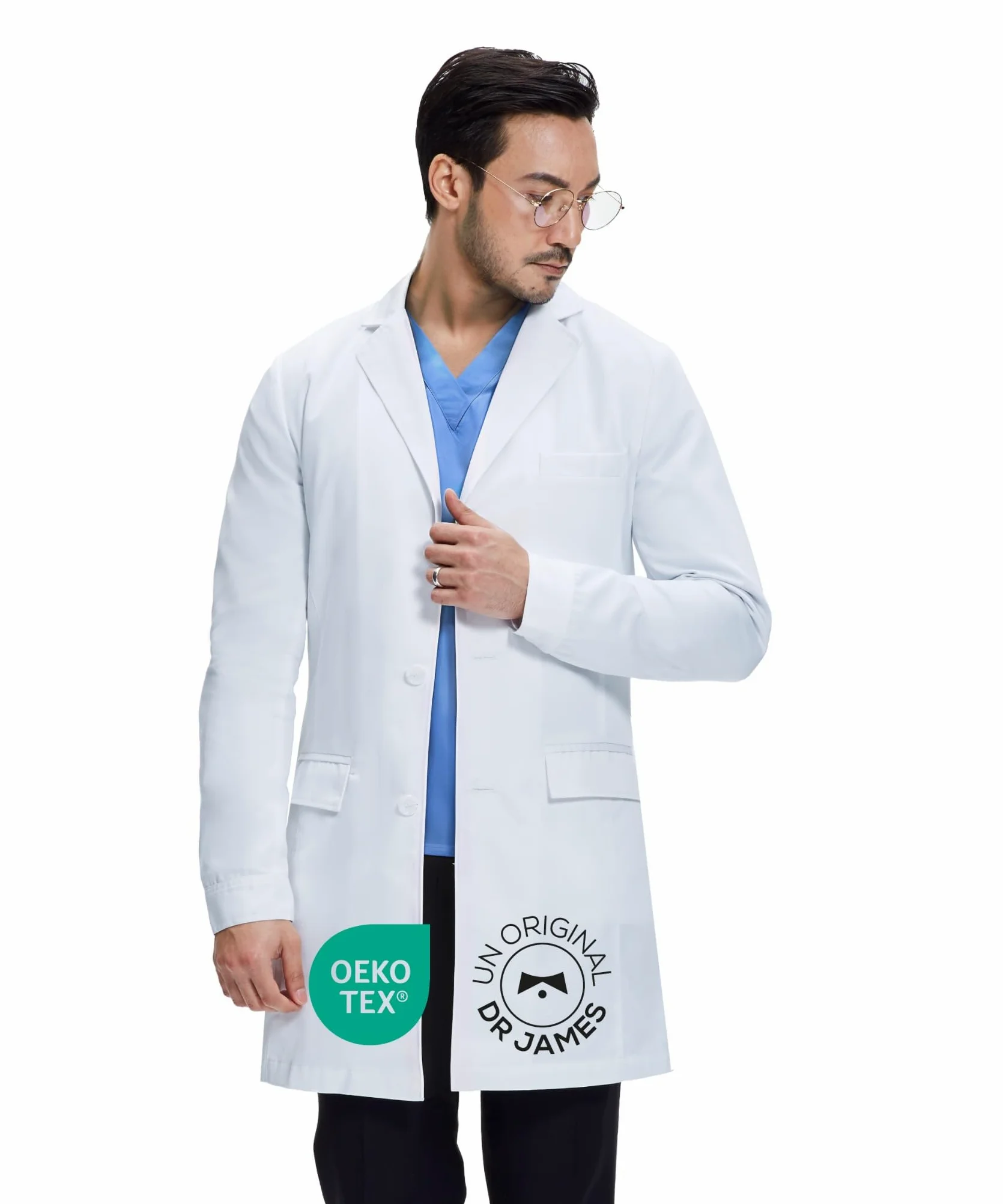 Dr. James Blouse Blanche de Consultation Homme Premium, Coupe Cintrée Slim Fit, Longueur 91 cm (36"), Blouse Médicale pour Médecin & Clinicien, Tissu Certifié OEKO-TEX®