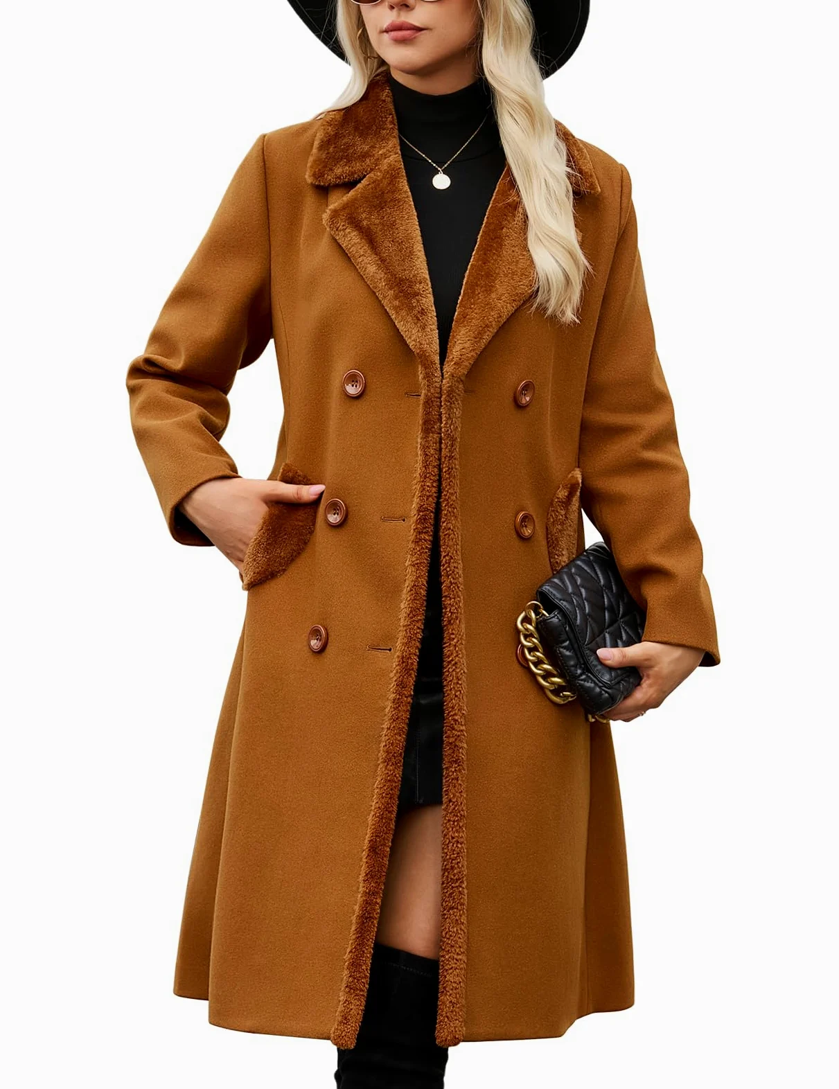 Yuson Girl Manteau Femme Hiver Longue Classiques Double Boutonnage Manteau Chaud Coupe Vent Manteaux Mi-Long Automne Hiver Trench Coat à Revers Chic et Élégant avec Poches