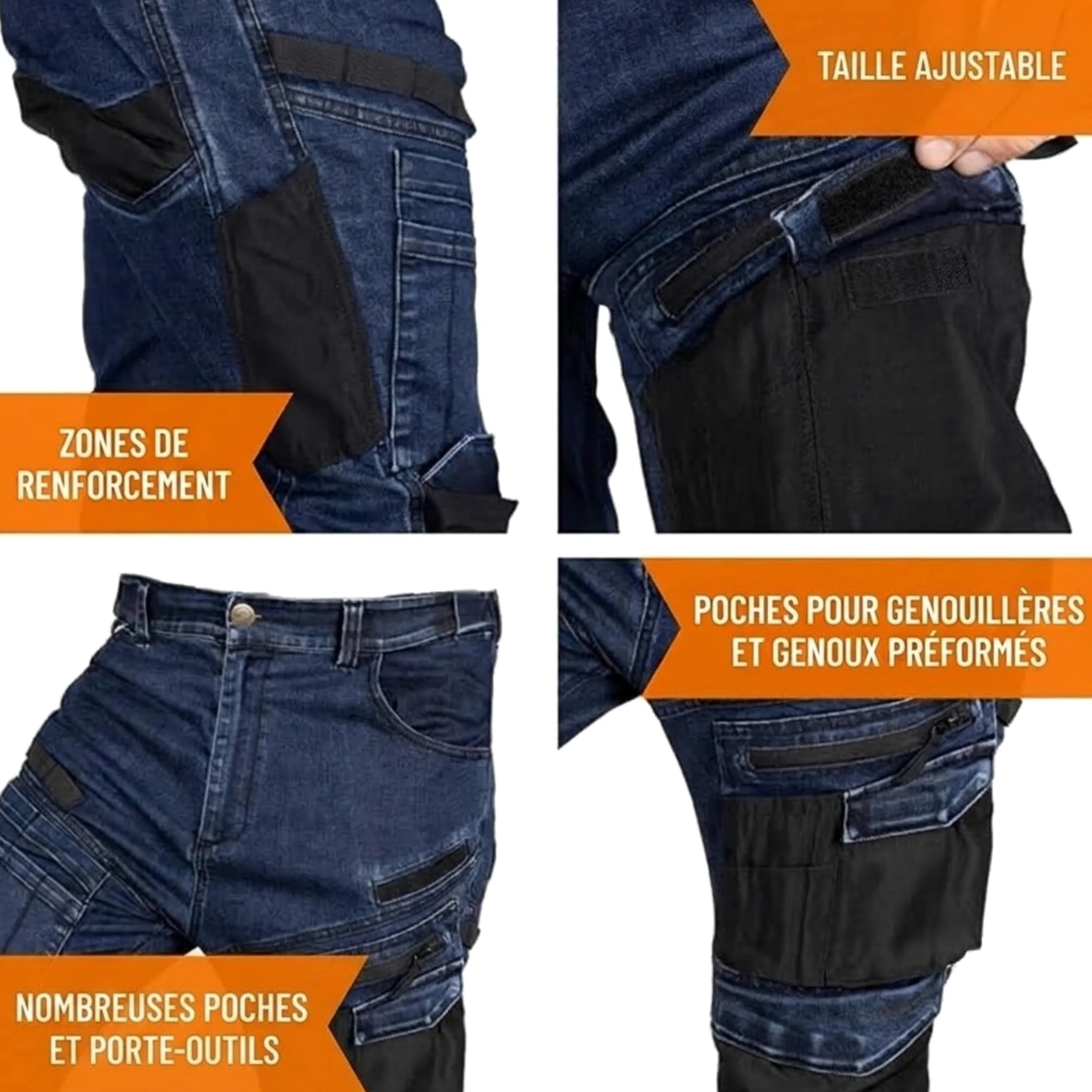 NEO TOOLS Pantalon de travail en jean robuste - Pantalon résistant pour homme en denim, 400 g/m², avec poches genouillères, renforts Oxford et stretch