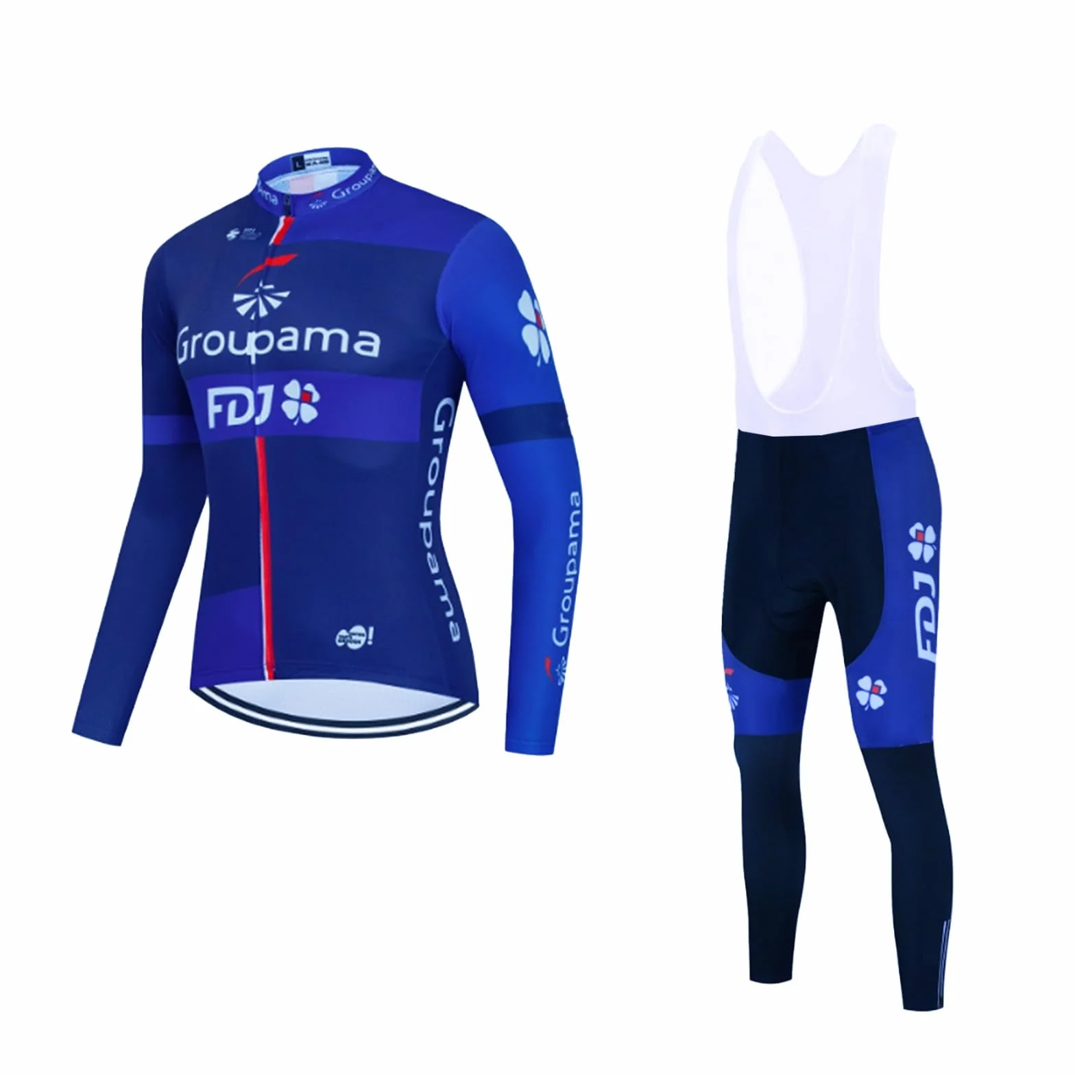 2025 pro Équipe Groupama FDJ Printemps Manches longues Ensemble de maillots de cyclisme,Veste cycliste respirante à écran solaire fin pour hommes Vêtements vélo Collants à bretelles Kits (M)