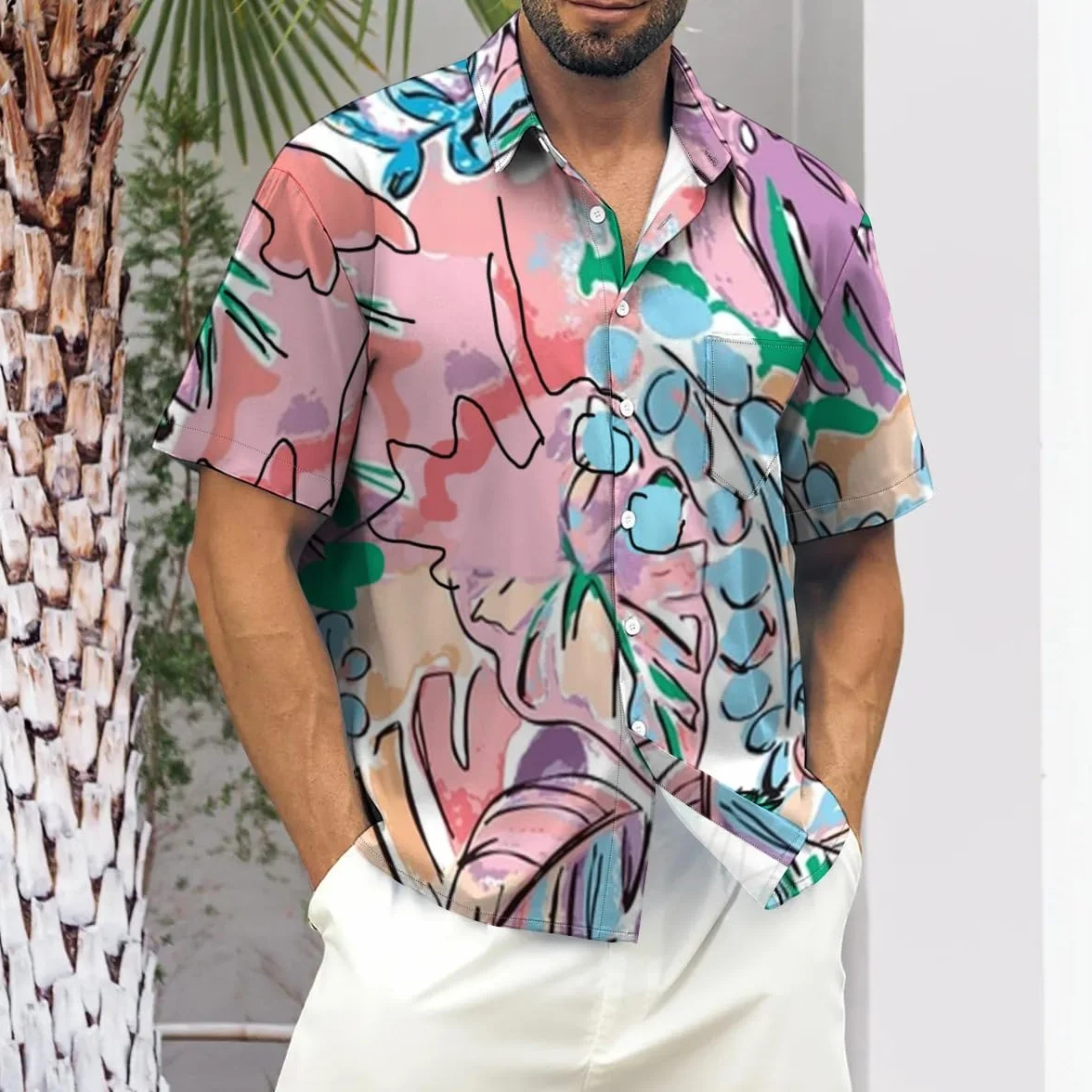Chemise de bowling hawaïenne à manches courtes pour homme Motif cocotier