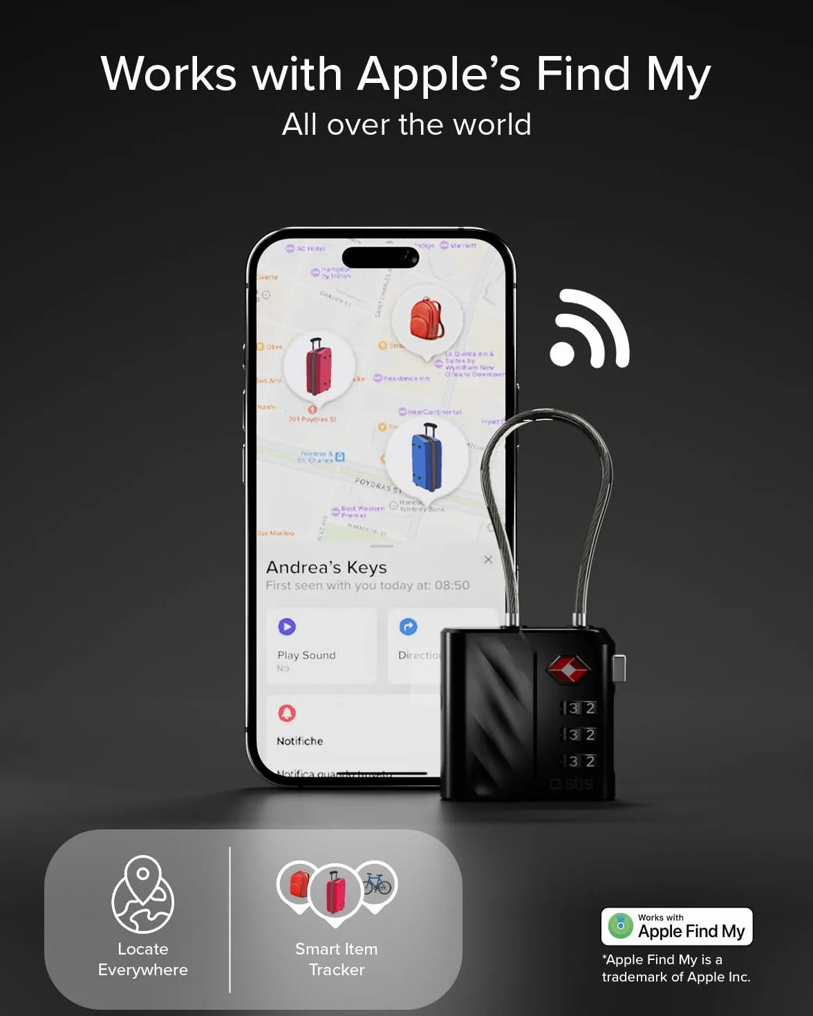 Cadenas TSA avec Localisateur Find My Intégré, Alarme 60 dB, Recharge USB-C, Noir