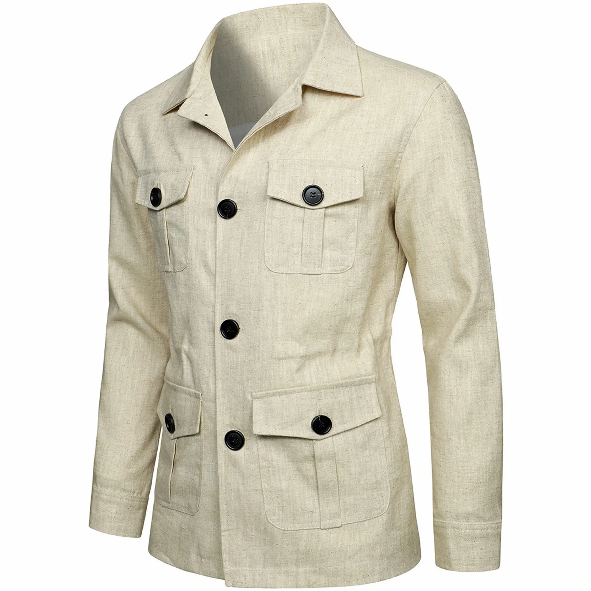 Legou Veste pour homme avec revers en lin et veste de travail multi-poches, vert militaire, XXL