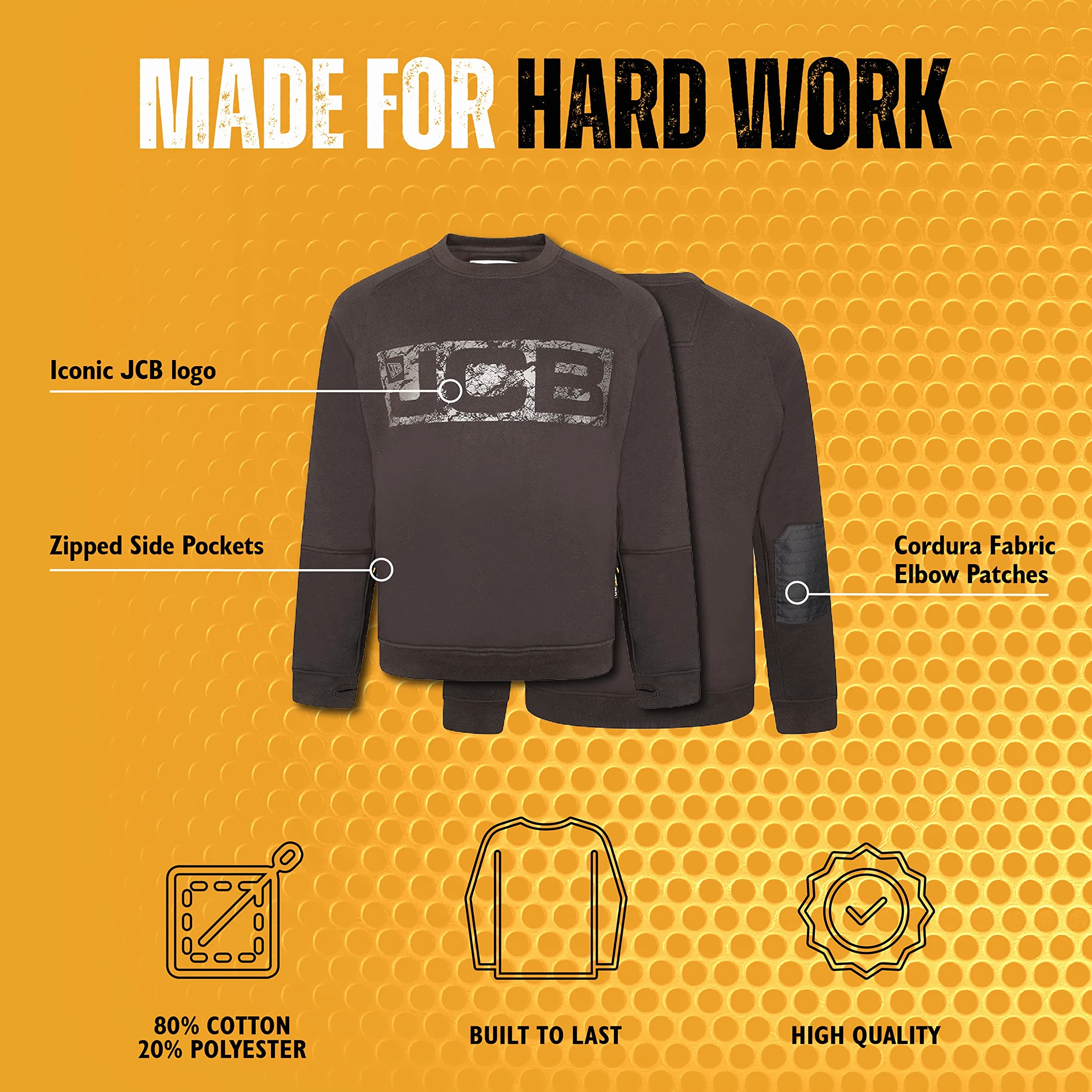 JCB - Sweat-shirt Trade Crew fabriqué avec 80 % coton et 20 % polyester pour homme, détails de la marque : tissu Cordura, coudières, vêtements pour homme, 320 g/m²
