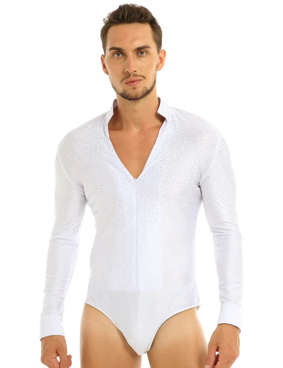 iiniim Body Chemise De Danse Manche Longue Col V Homme Justaucorps Danse Latine Tango Rumba Strass Shirt Leotard Dance Ballroom Bodysuit Soirée Bal Fête M-XXL