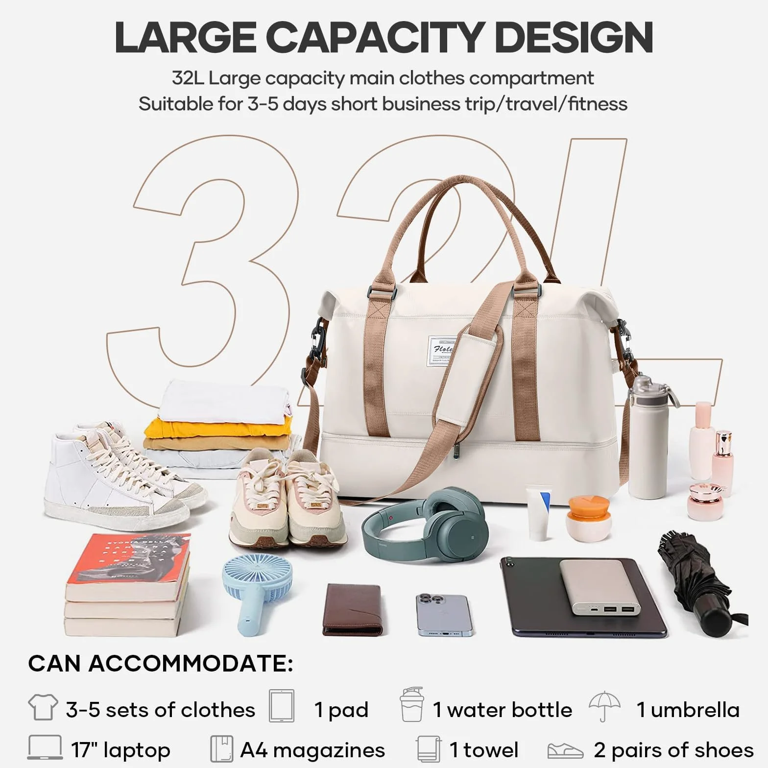 Sac de Voyage 45x36x20 pour Easyjet,Bagage à Main Léger, Sac fourre-Tout de Sport Imperméable pour Week-End avec Compartiment à Chaussures pour Travel Gym Danse,A01-Beige Marron