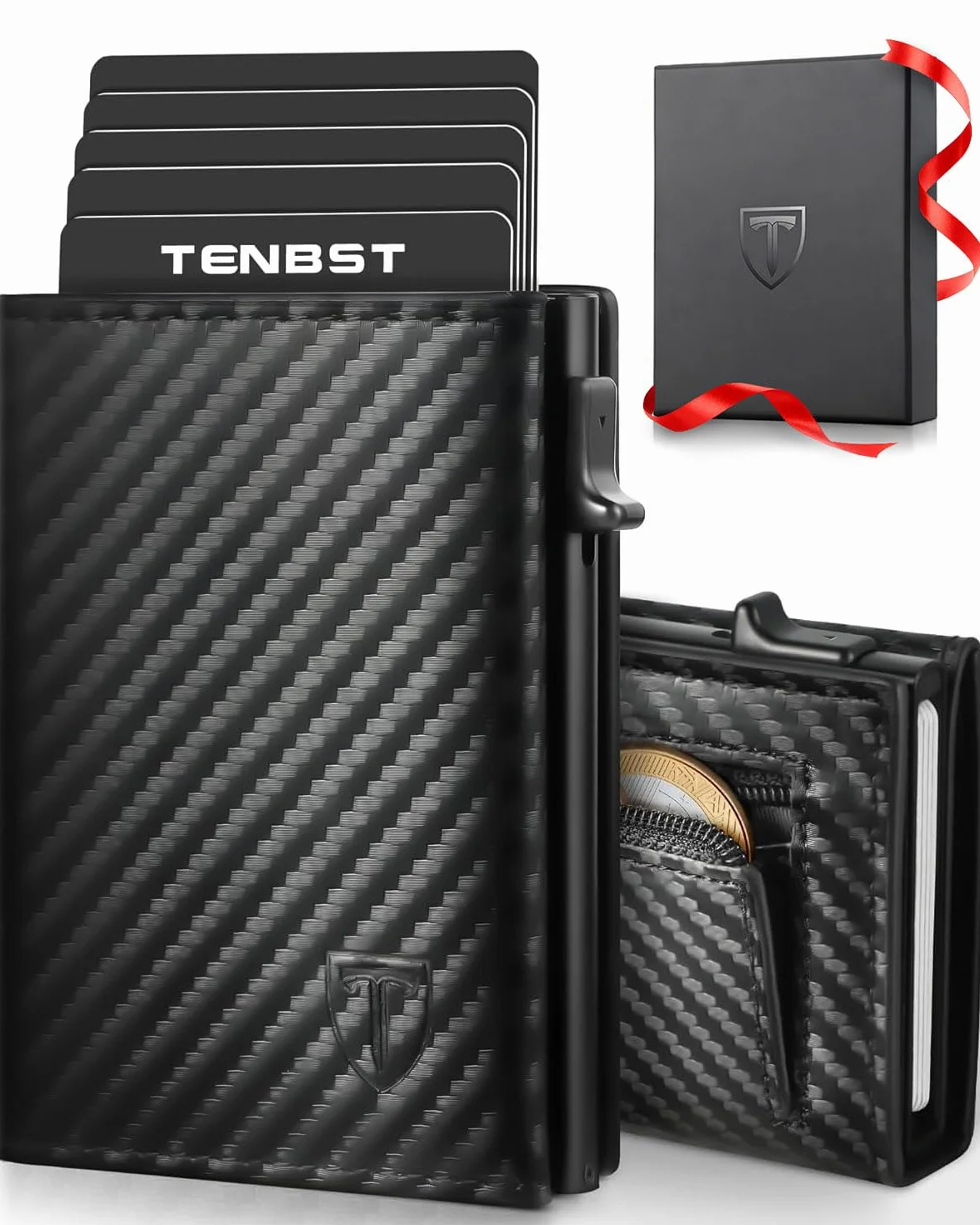TENBST Porte Carte Bancaire Homme, Portefeuille Homme Magnétique, Porte-Cartes de Crédit avec Blocage RFID, Porte Monnaie Etui Carte Bancaire Anti, Portefeuilles et Porte-Cartes (Noir)