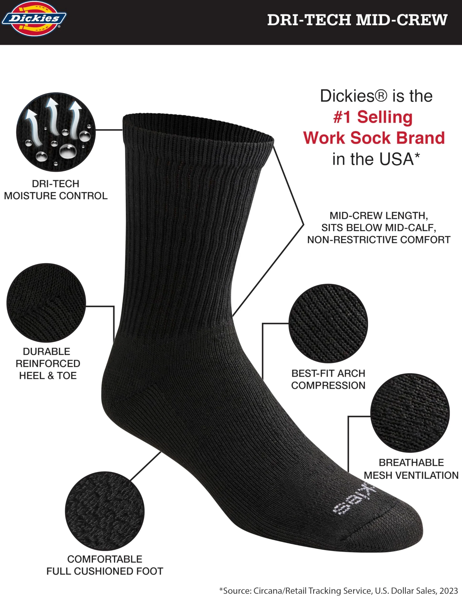 Dickies Dri-tech Chaussettes Confortables avec Contrôle de L'humidité Chaussettes Homme (lot de 6)