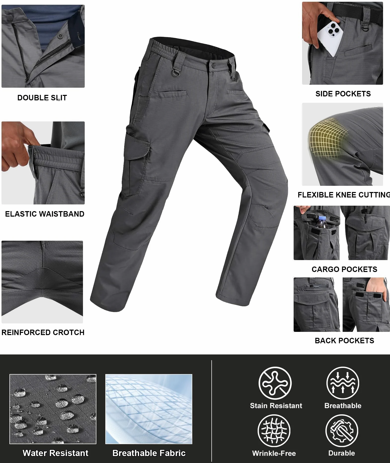 Zoofly Pantalon de Travail Homme Extensible Ripstop Pantalon Cargo Homme Imperméable Multipoches Pantalon Outdoor Homme