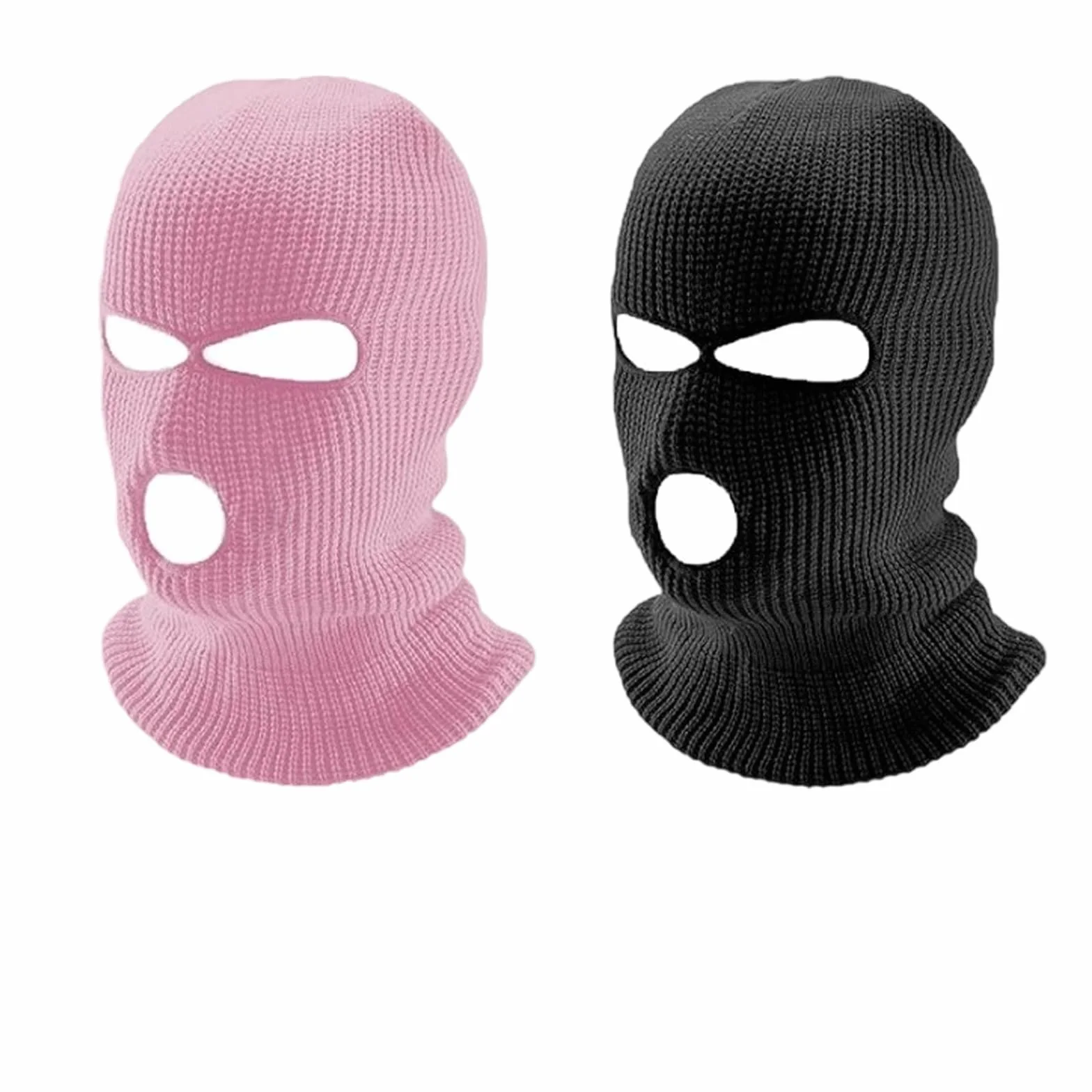 Masque de ski, cagoule avec trois ouvertures, masque de ski respirant pour les sports d'hiver et la moto, cagoule tricotée en deux pièces en noir et rose clair