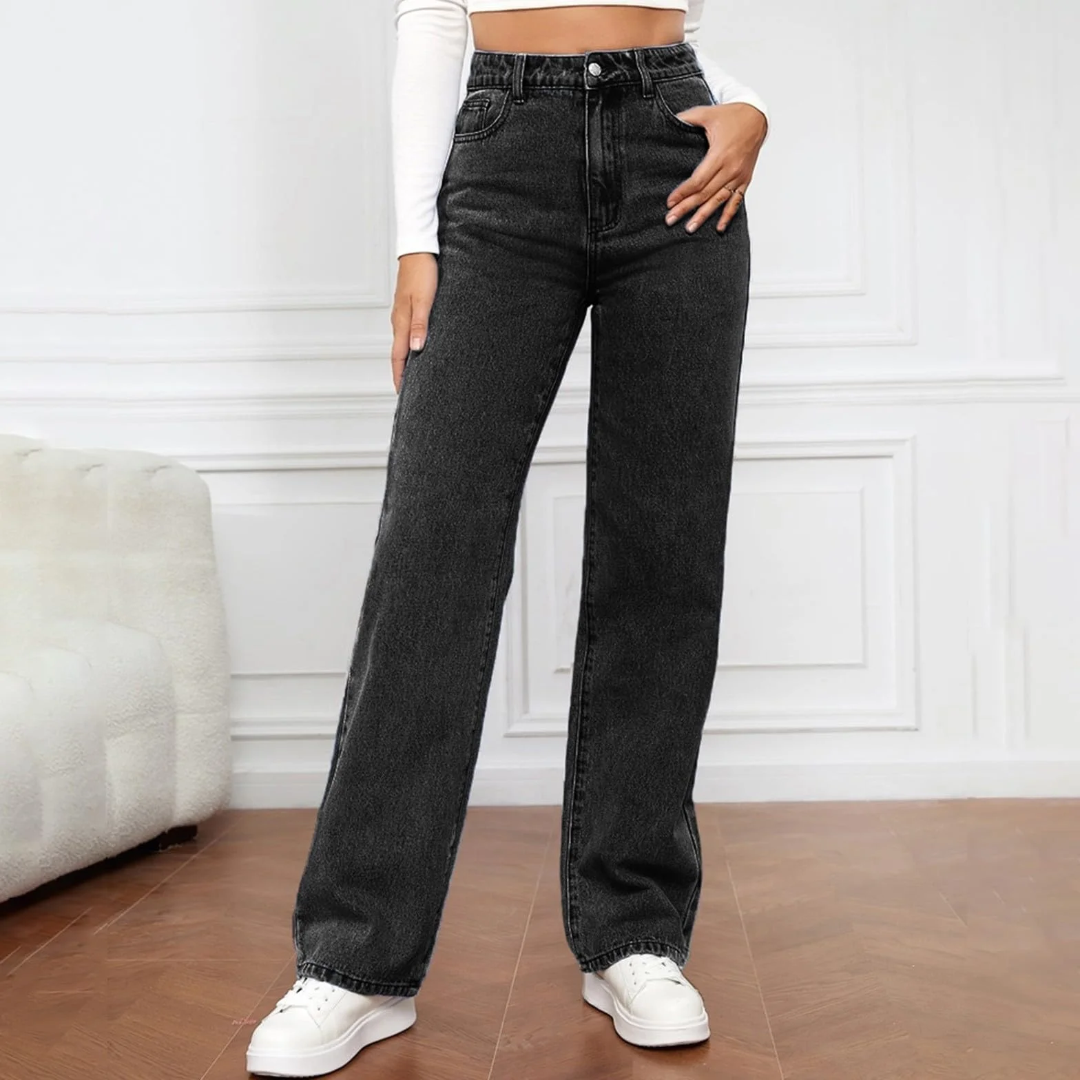 Jean Femme Taille Haute- Pantalon De Travail Droit Décontracté Palazzo Chic Et Élégants Classiques Simple Confortable Coupe Ample Passe-Partout Basique De Tous Les Jours Doux Pants