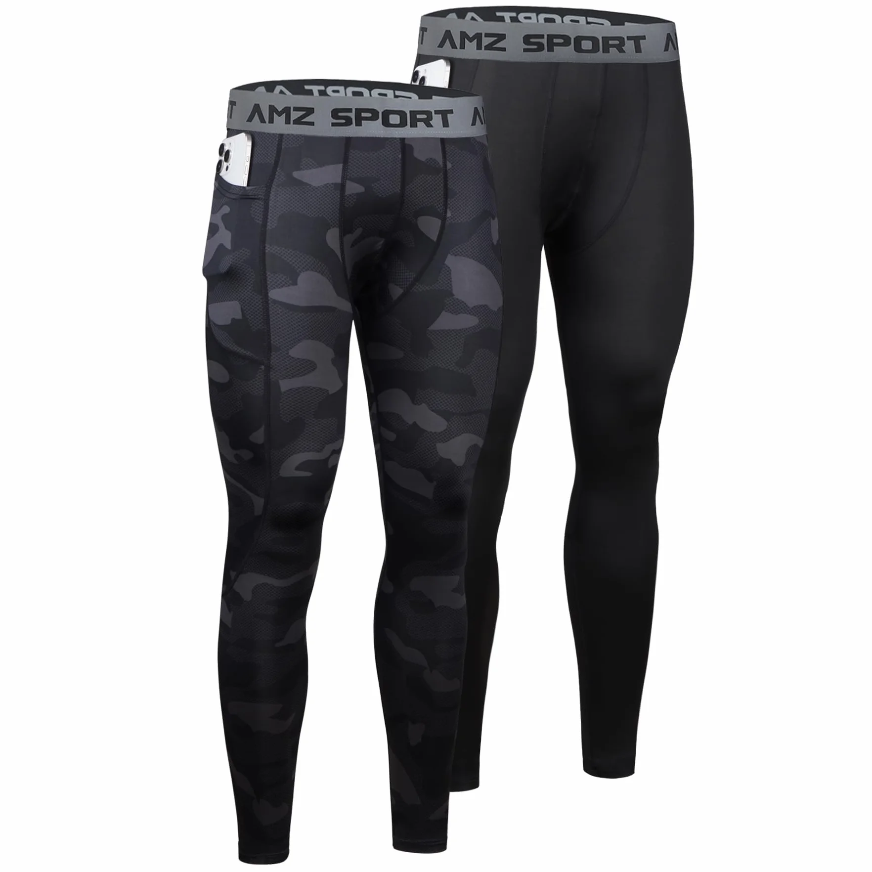 AMZSPORT Lot de 2 Pantalons de Compression Homme, Longs et Respirants, Leggings de Sport pour Course, Entraînement, Gym, Cyclisme, Basketball et Fitness