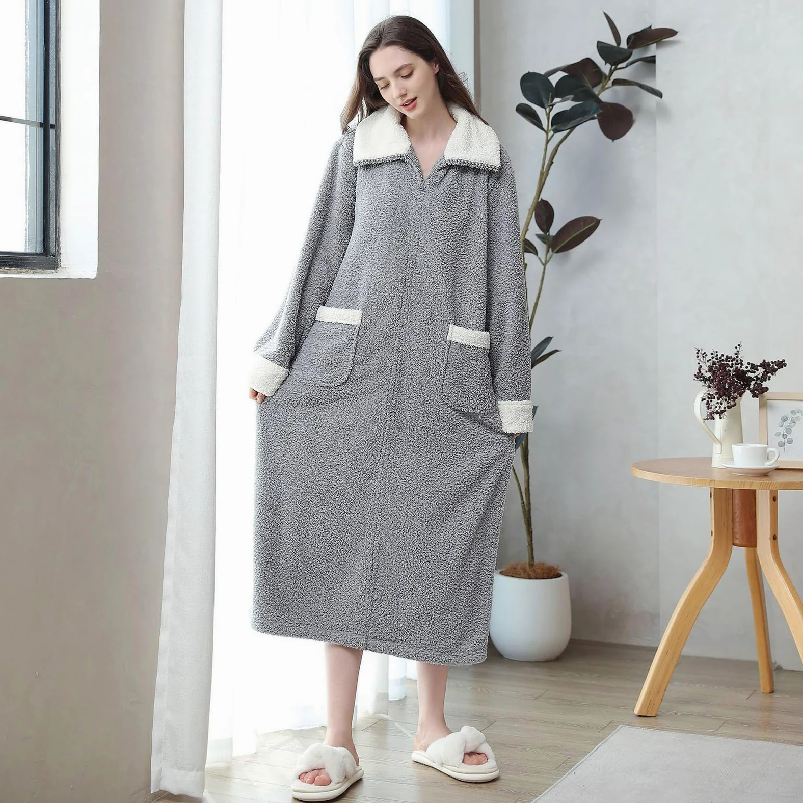rismart Femme Peignoir Moelleux Col Carré Pleine Longueur Robe de Chambre Mesdames Robe du Matin avec Fermeture Eclair