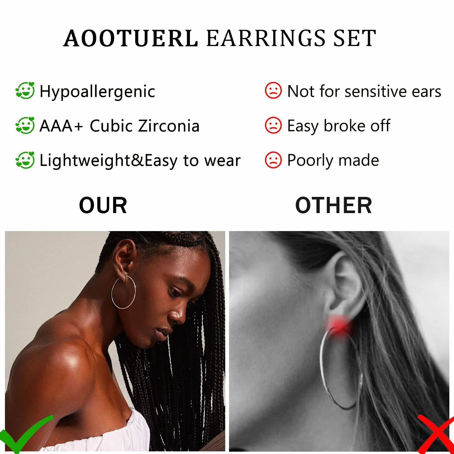 grandes boucles d'oreilles créoles en acier inoxydable, 5 Pairs Boucles d'Oreilles Femme Acier Inoxydable Creoles Argent Boucles d'Oreilles, Cercles hypoallergéniques (30/40/50/60/70 mm)