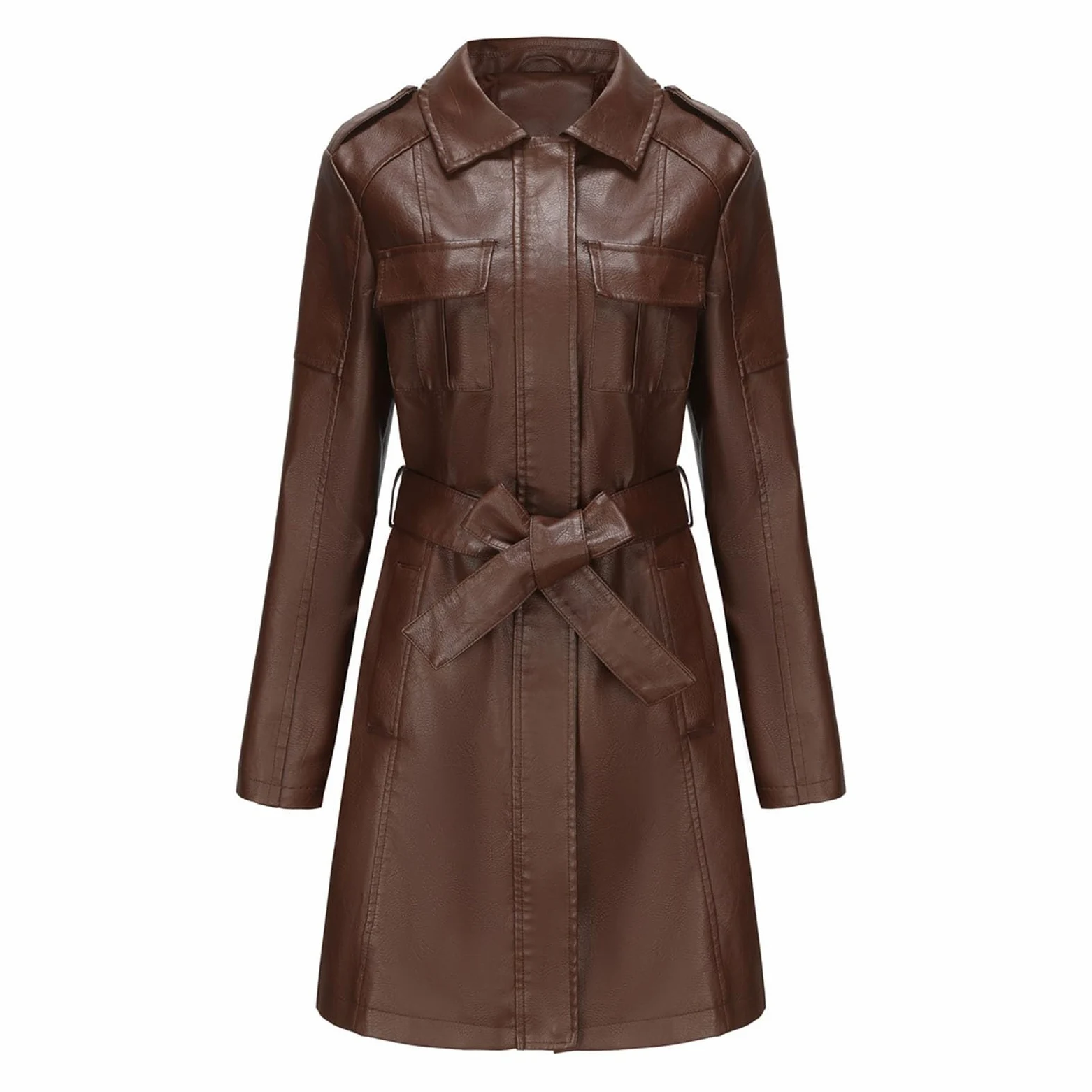 Veste Cuir Femme Manches Longues- Blouson Moto Col Revers Chic Et Élégants Vintage Mi-Longue Manteau Décontracté Grande Taille Slim Fit Avec Poches Ceinture Manteaux Automne Hiver Coupe Vent