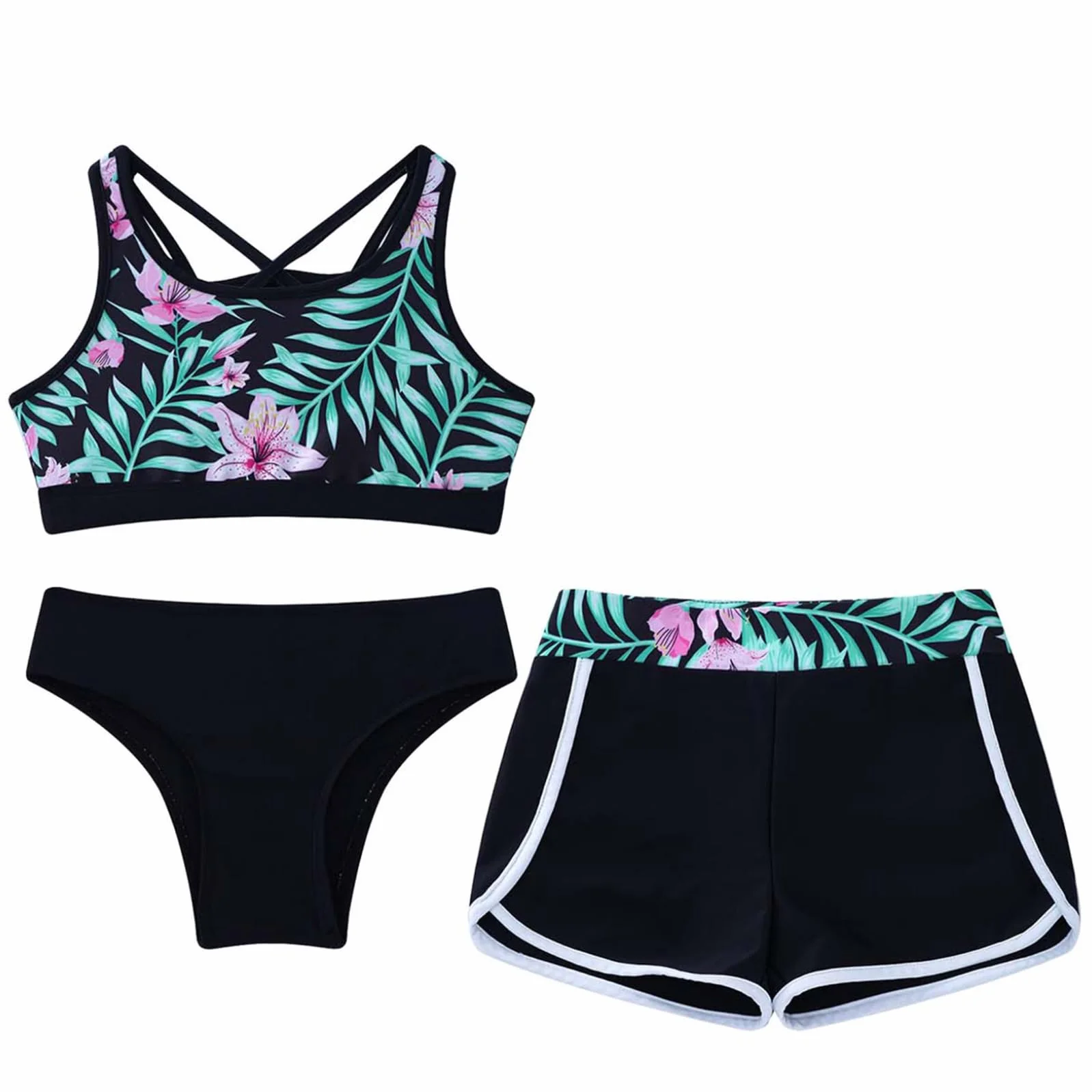 Freebily 3 Pièces Maillots de Bain Filles Tankini Bikini Vetement de Natation Plage Anti UV Ensemble Haut + Slip + Short de Bain Swimwear 3-16 Ans