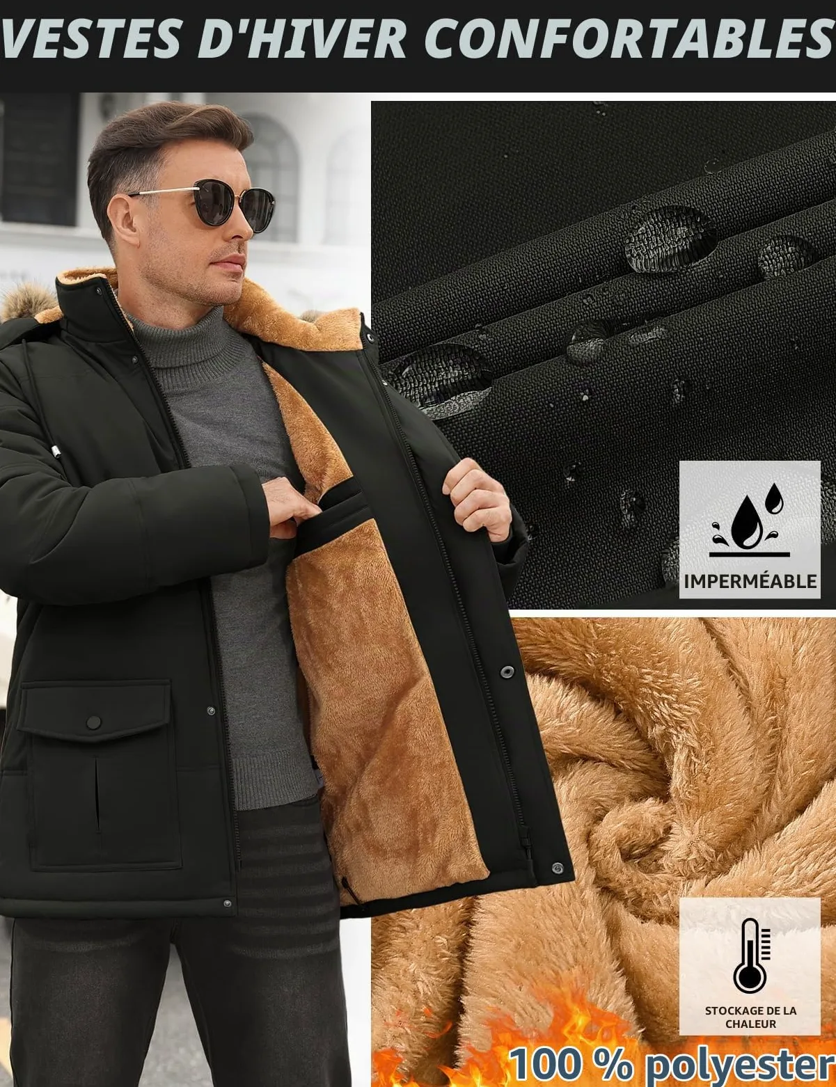 TOMEEK Manteaux Homme Hiver Parka Chaud Veste en Polaire Décontracté Blousons Epaissie Manteaux Thermique Coupe-vent Veste avec Poches Capuche Amovible Outdoor Manteau