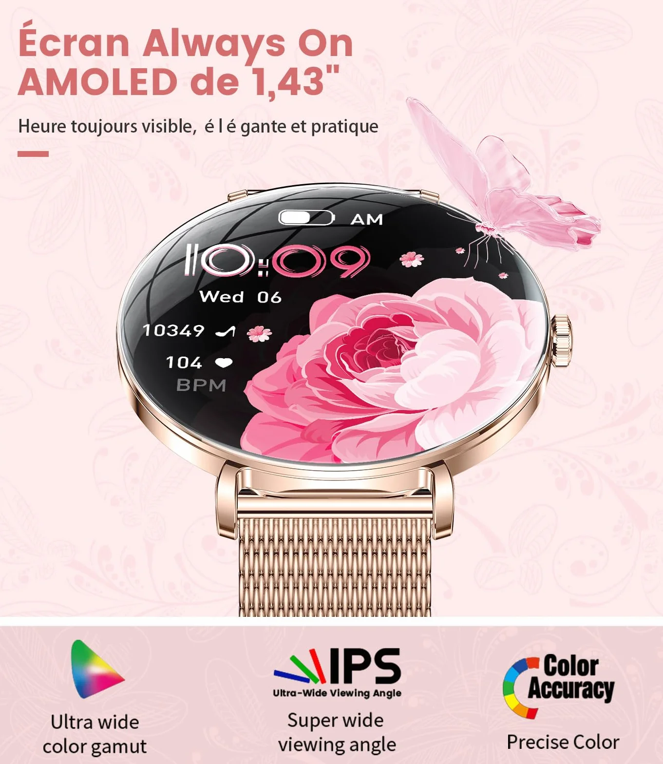 Léger Montre Connectée Femme avec Extra-plat Écran Courbé AMOLED Bluetooth Appels Podómetro/Fréquence Cardiaque 100+ Modes Sportifs 5ATM Imperméable Smartwatch pour Femme Android iOS Rose Dorée