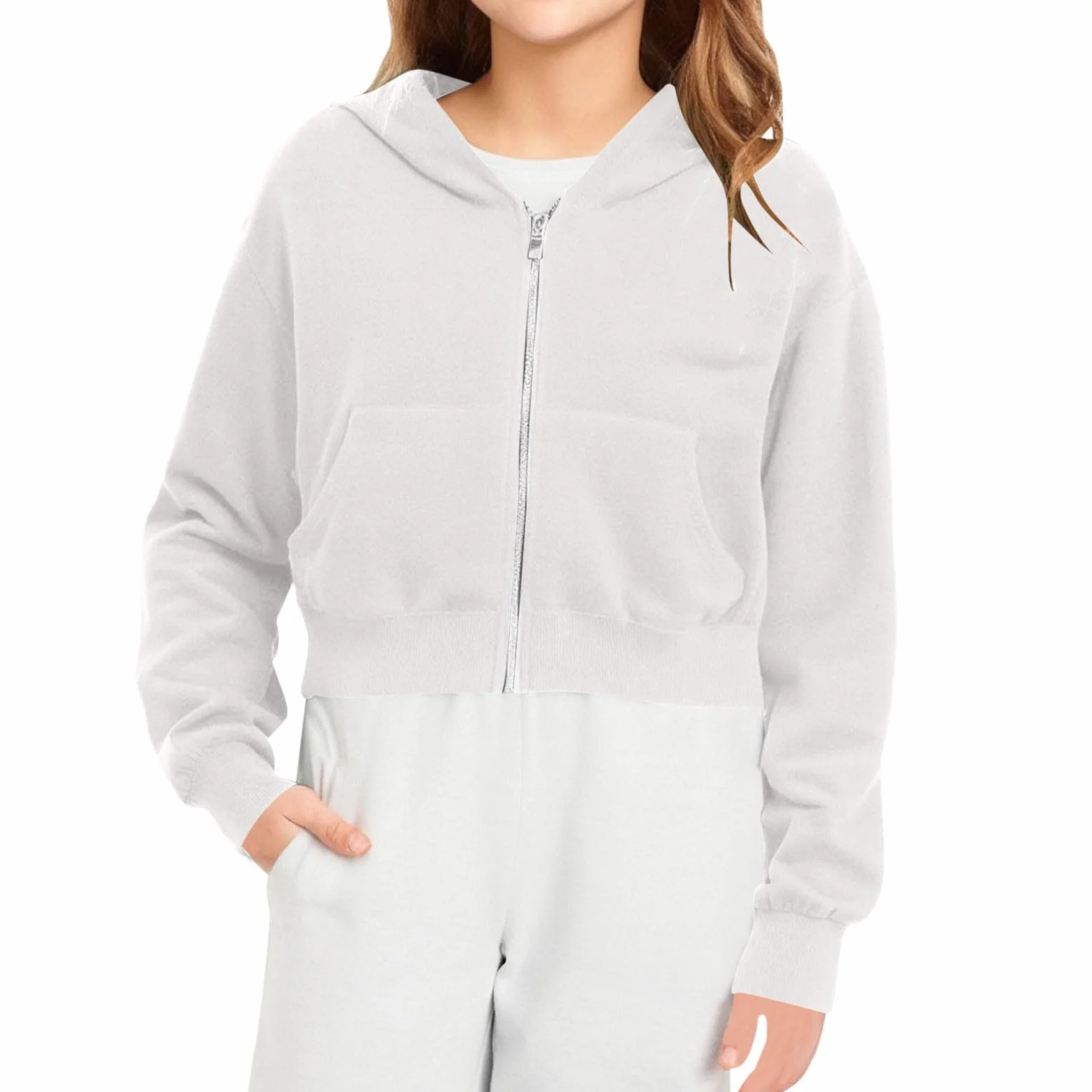 Sweat Court Enfant Fille Capuche Zippée 5-14 Ans Veste Crop Top Sweatshirt Ado Hiver Manche Longue Confortable Chic Large Casual Sport Vacances Haut Blouse