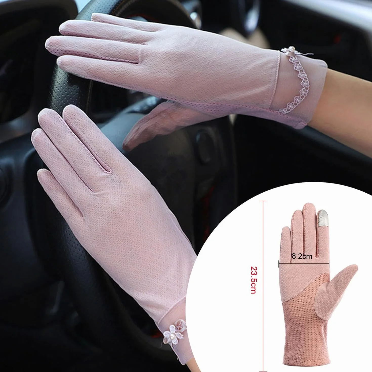Women Summer Sun Protection Gloves,1 Pair Ice Silk Lace Non Slip Driving Gloves,Full Finger Touchscreen Sunblock Gloves Mittens for Riding Cycling Hiking Fishing Outdoor Activities