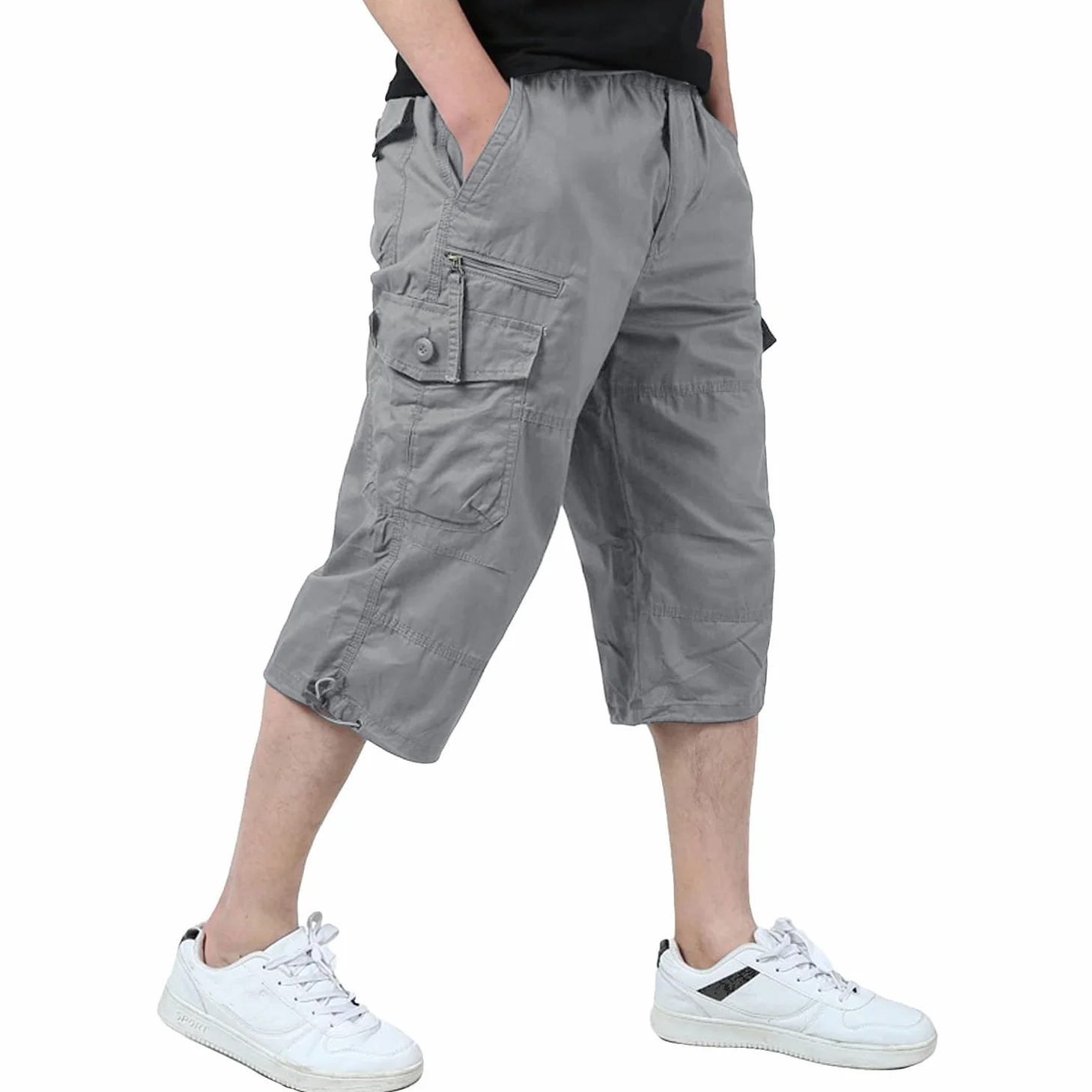 KEFITEVD 3/4 Décontracté Shorts pour Homme Taille Élastique Coton Pantalon de Travail D'extérieur Eté Cargo Shorts avec Poches