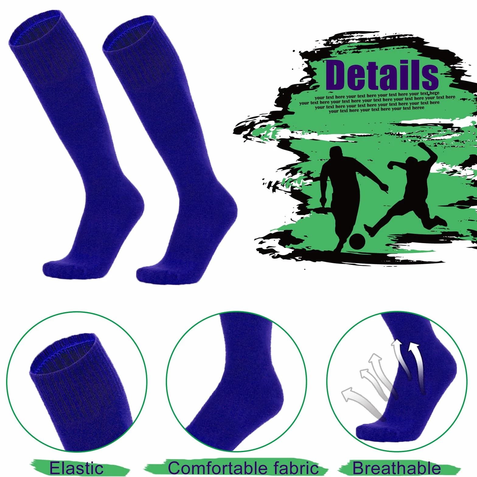 Lot de 3 paires de chaussettes de football respirantes pour enfants de 5 à 12 ans - Bleu, bleu, 5-12 Years