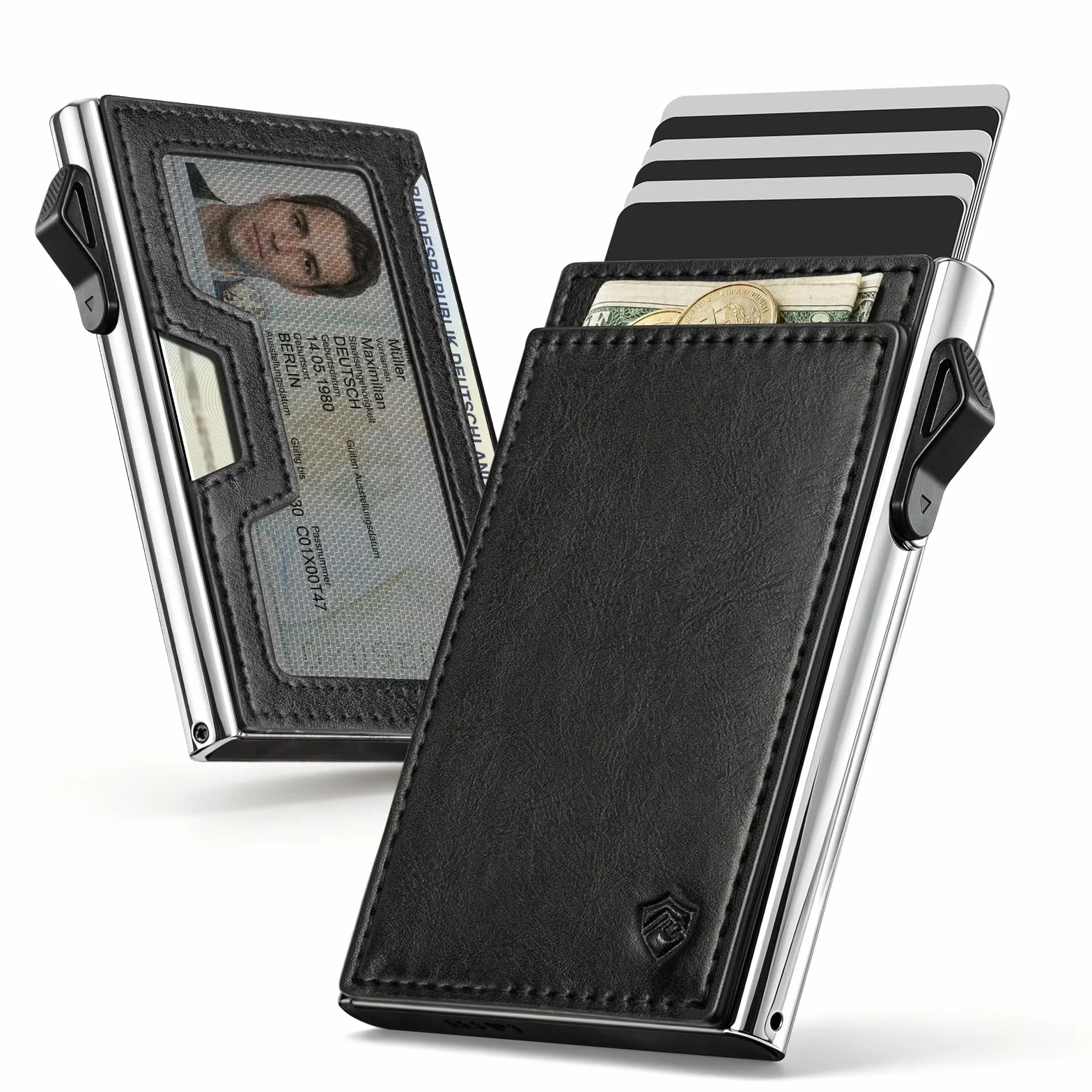 YESIIW Portefeuille Homme | Aluminium Pop Up Porte Carte Homme pour 6 Cartes & Fenêtre ID | Cuir Poche Magnétique Billets ou Pièces | Porte Cartes Bancaire avec Blocage RFID | Design Bauhaus | Nero