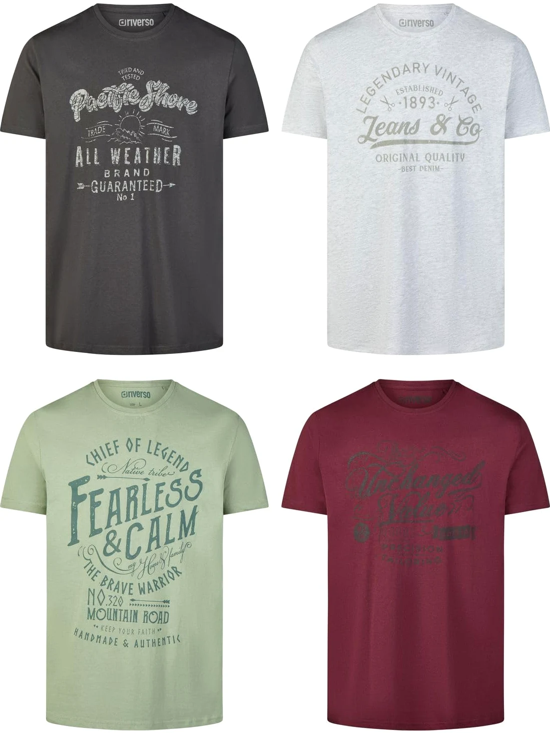riverso RIVLeon Lot de 4 t-shirts à col rond et manches courtes, 100 % coton, coupe droite, vert, bleu, blanc, gris, rouge, orange, taille S, M, L, XL, 2XL, 3XL, 4XL, 5XL