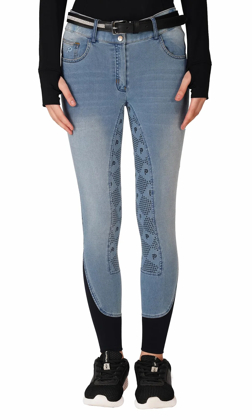 Preto Pantalon d'équitation en denim de qualité supérieure pour femme - Siège complet - Grip en silicone - Doux et extensible - Avec poches