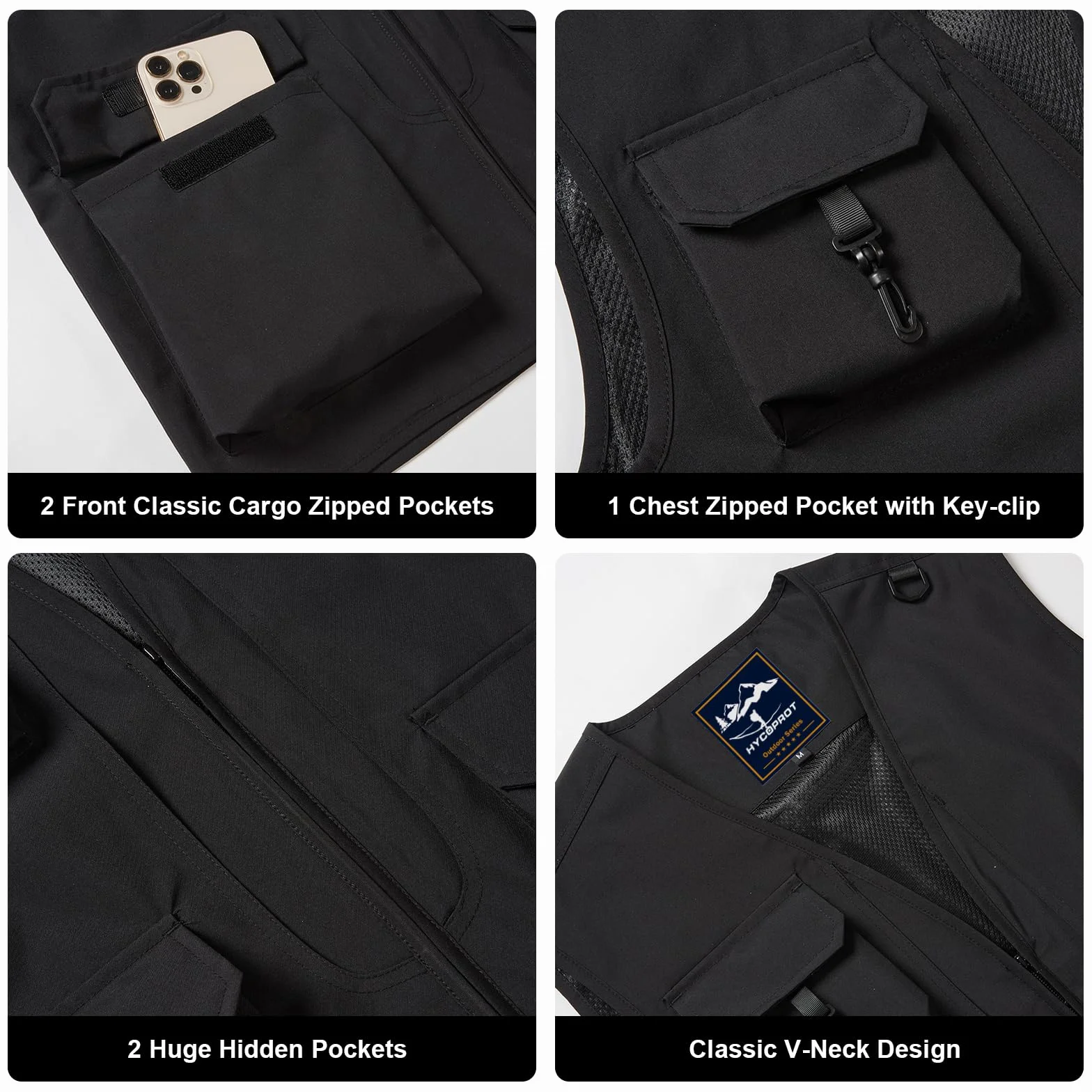 HYCOPROT Gilet Pêche Homme Imperméable Léger Sans Manches Veste Utility Cargo 5 Poches