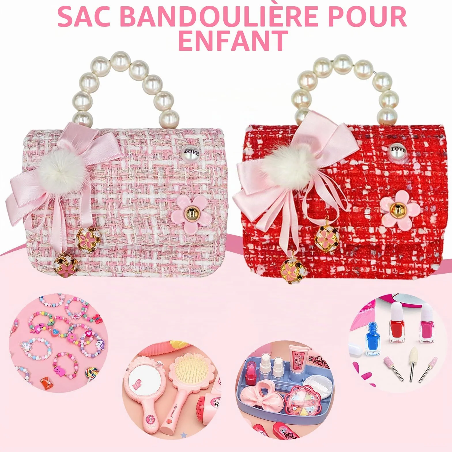 Sac a Main Petite Fille,Sac à Bandoulière pour Fille avec Nœud Décoratif | Mini Sac à Main avec Poignée Perles | Idée Cadeau Anniversaire pour Enfant 2-7 Ans