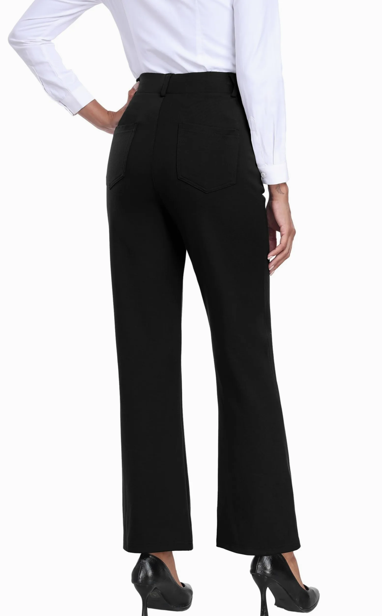 GRECERELLE Womens Work Trousers Office Smart Stretchy High Elasticated Waist Straight Leg Casual Yoga Pants for Women UK with Pockets Zipper