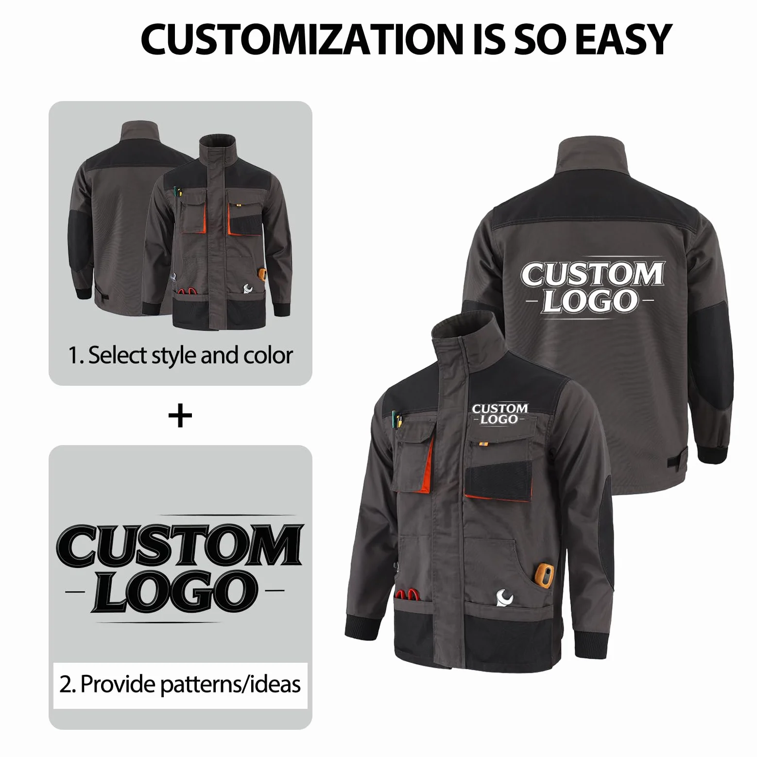 Veste de travail robuste avec logo personnalisé imprimé pour homme, manteau utilitaire multi-poches pour uniforme d'équipe de construction de mécanicien, charpentier