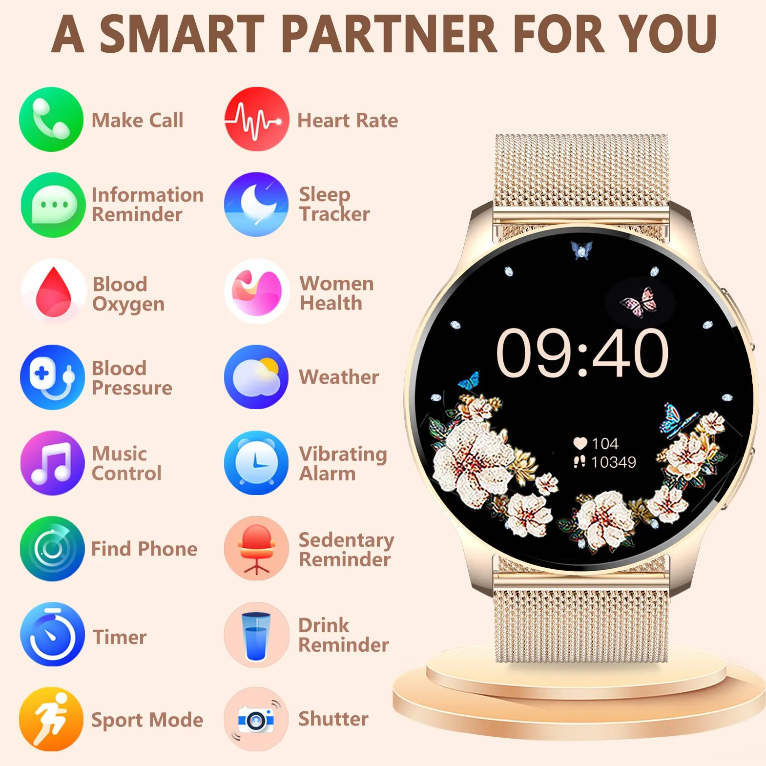 Montre Connectée Femme Appel Bluetooth et Assistant AI Notification Intelligente Smartwatch Fréquence Cardiaque Sommeil Étanche Tracker d'activité Podomètre 3 Bracelets Montre Sport pour Android iOS