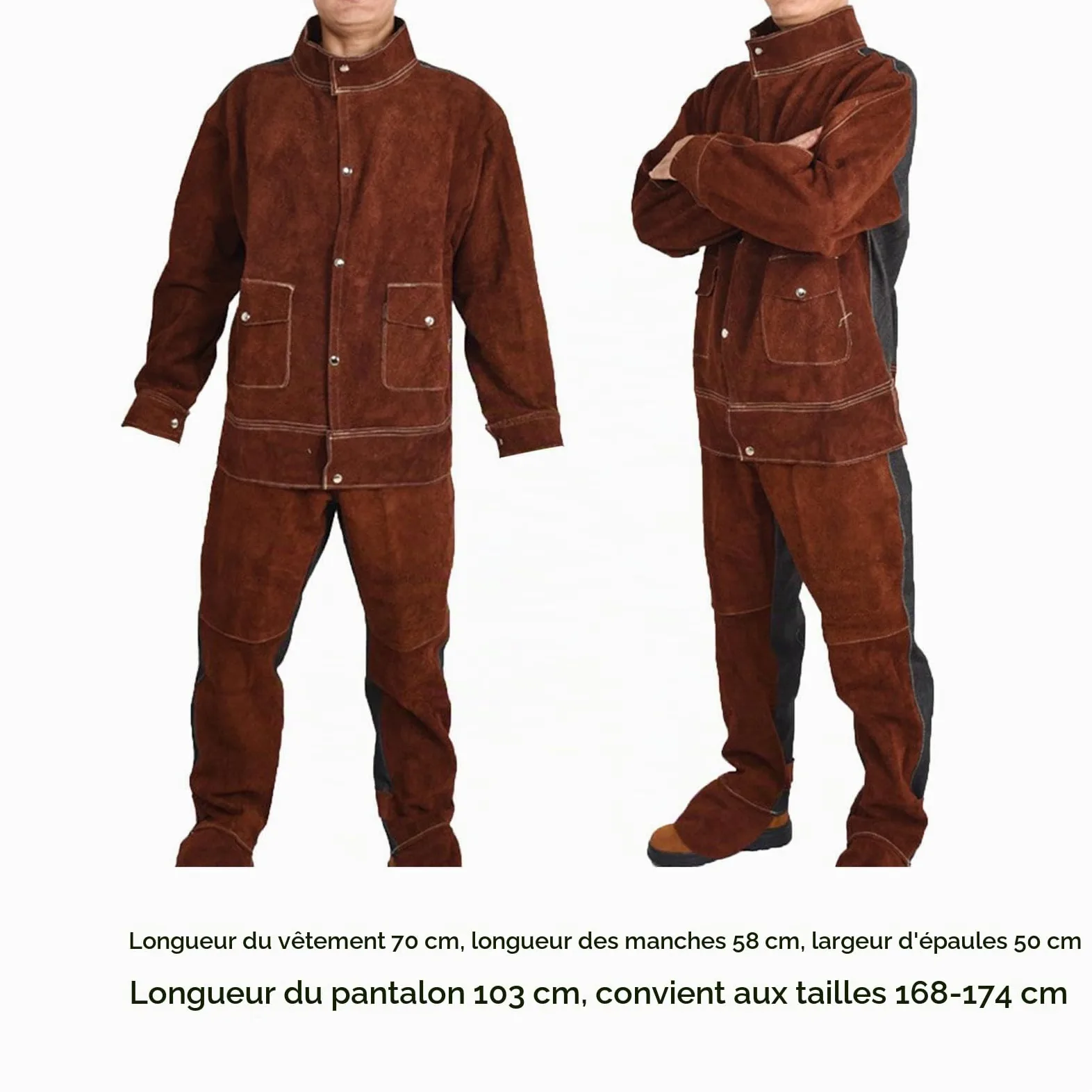 Veste de Soudage En Cuir, Pantalon, Veste de Soudeur En Cuir Résistant à La Flamme Costume, Salopette de Soudeur, équipement de Protection, Tablier de Soudager Résistant à La Chaleu, Brun, xl
