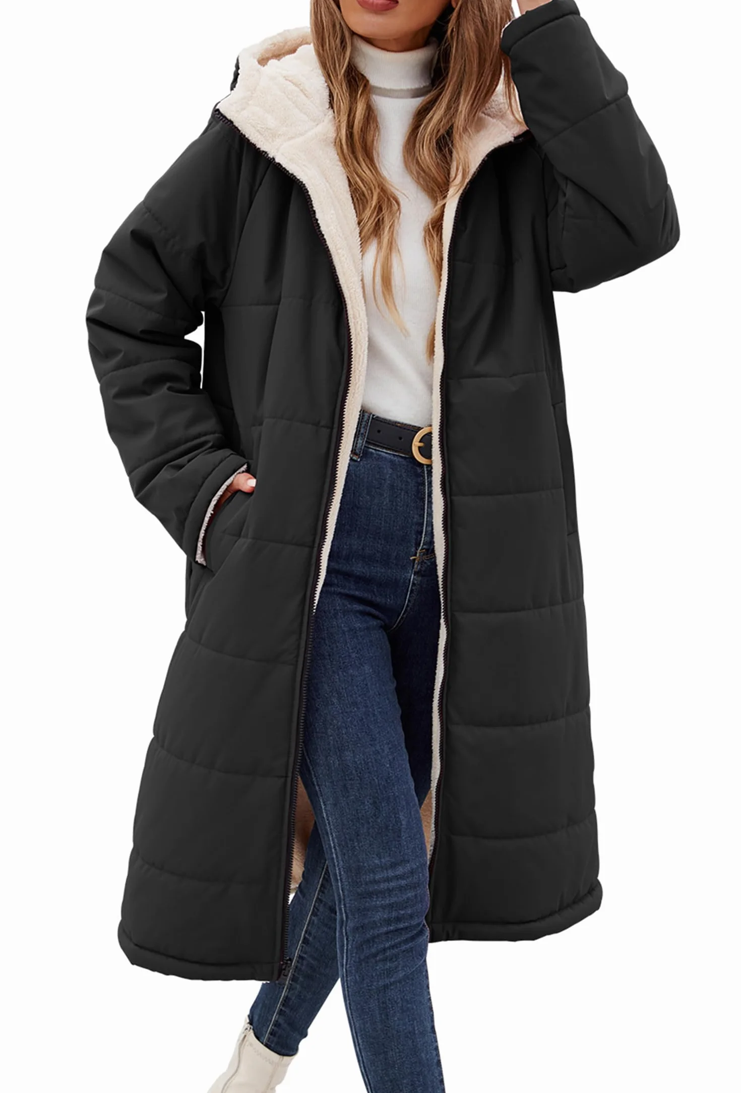 Vancavoo Manteau Hiver Femme Long Polaire Parka Veste Matelassée Chaude | Réversible Parka avec Déperlante, Capuche Fixe, Zip Intégral et Poches Latérales