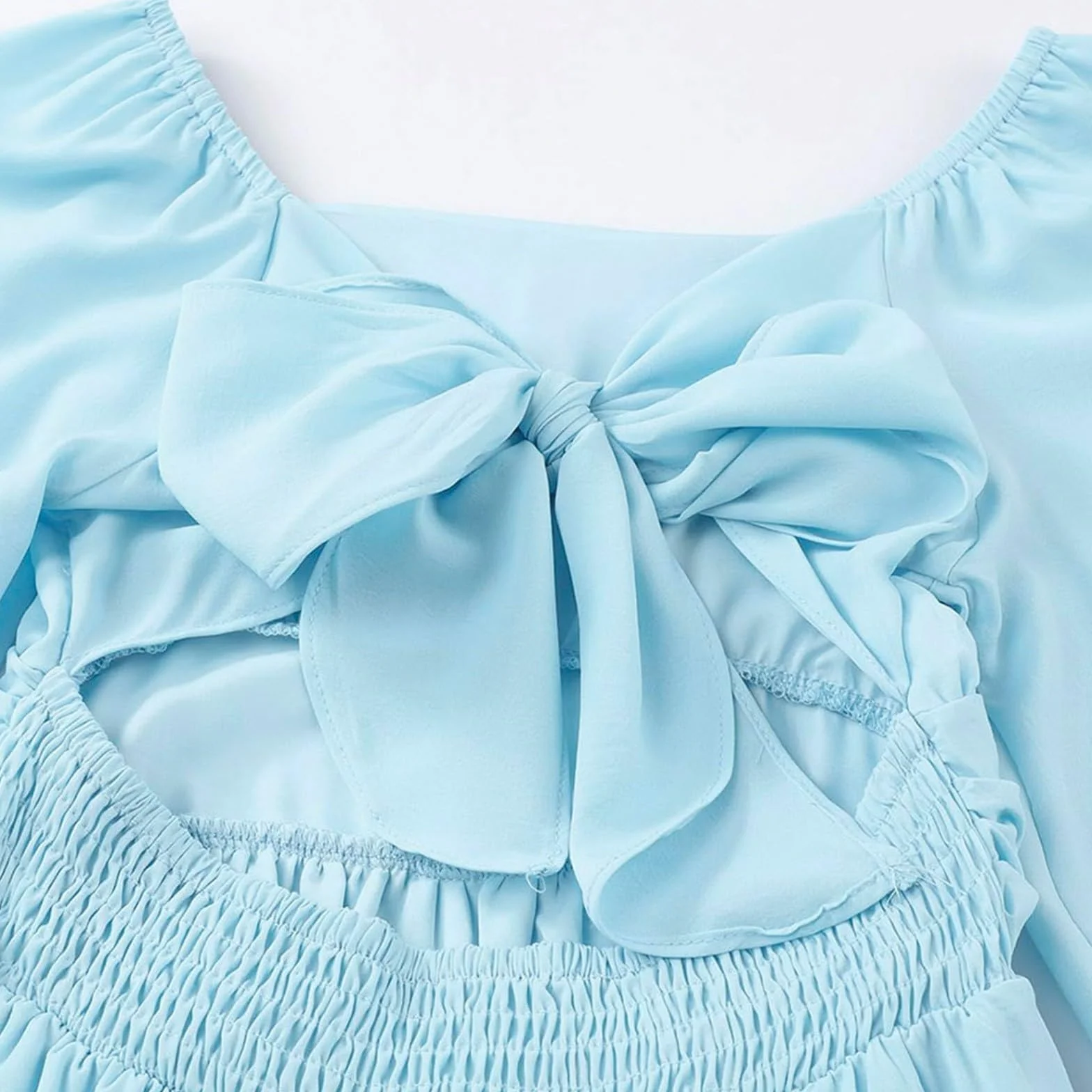 Robe trapèze à manches longues col carré pour fille taille haute plissée plage vacances mariage