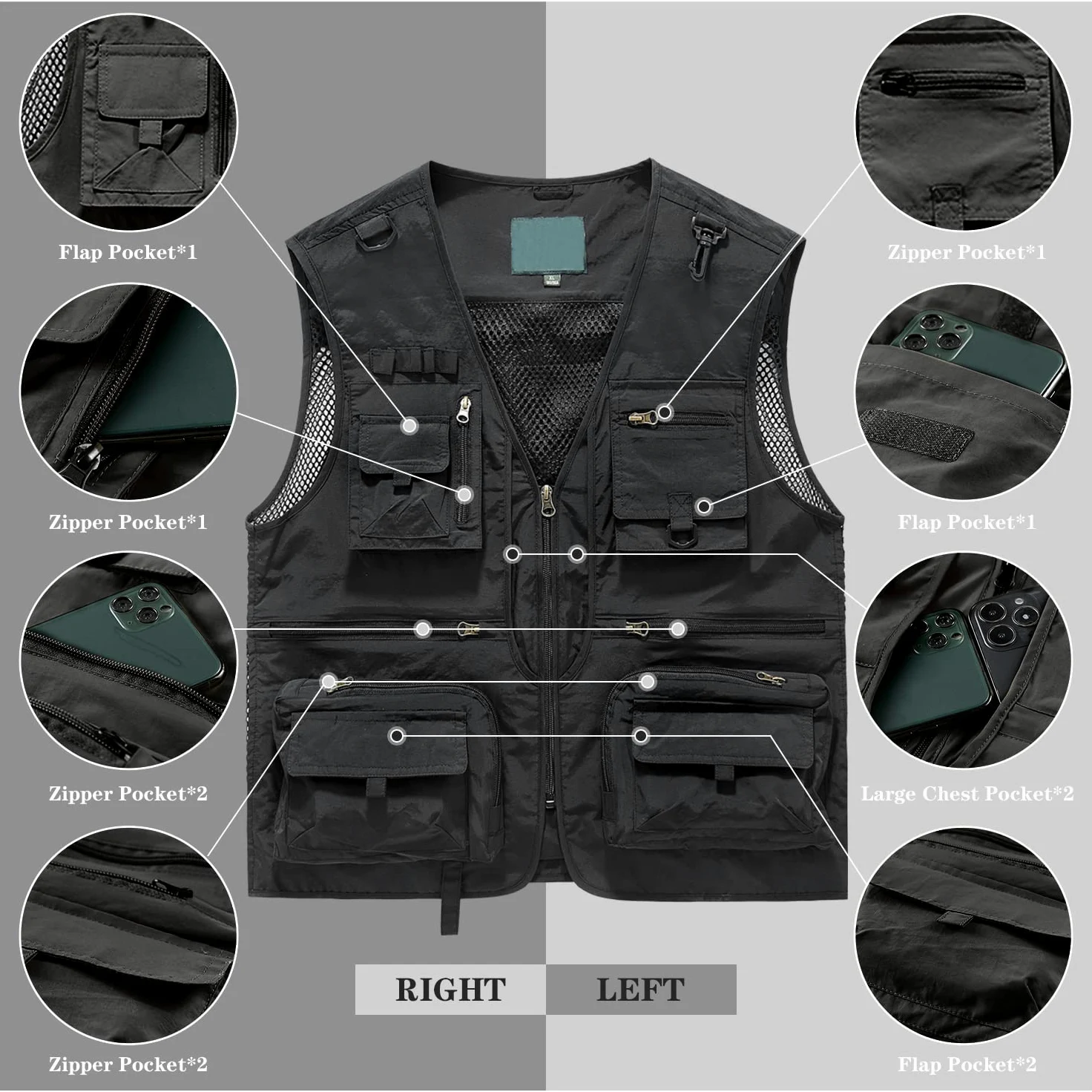 Pour des Hommes Multi-poches Gilet de Pêche Sans Manches Respirant Gilet en Maille pour la Photographie de Chasse