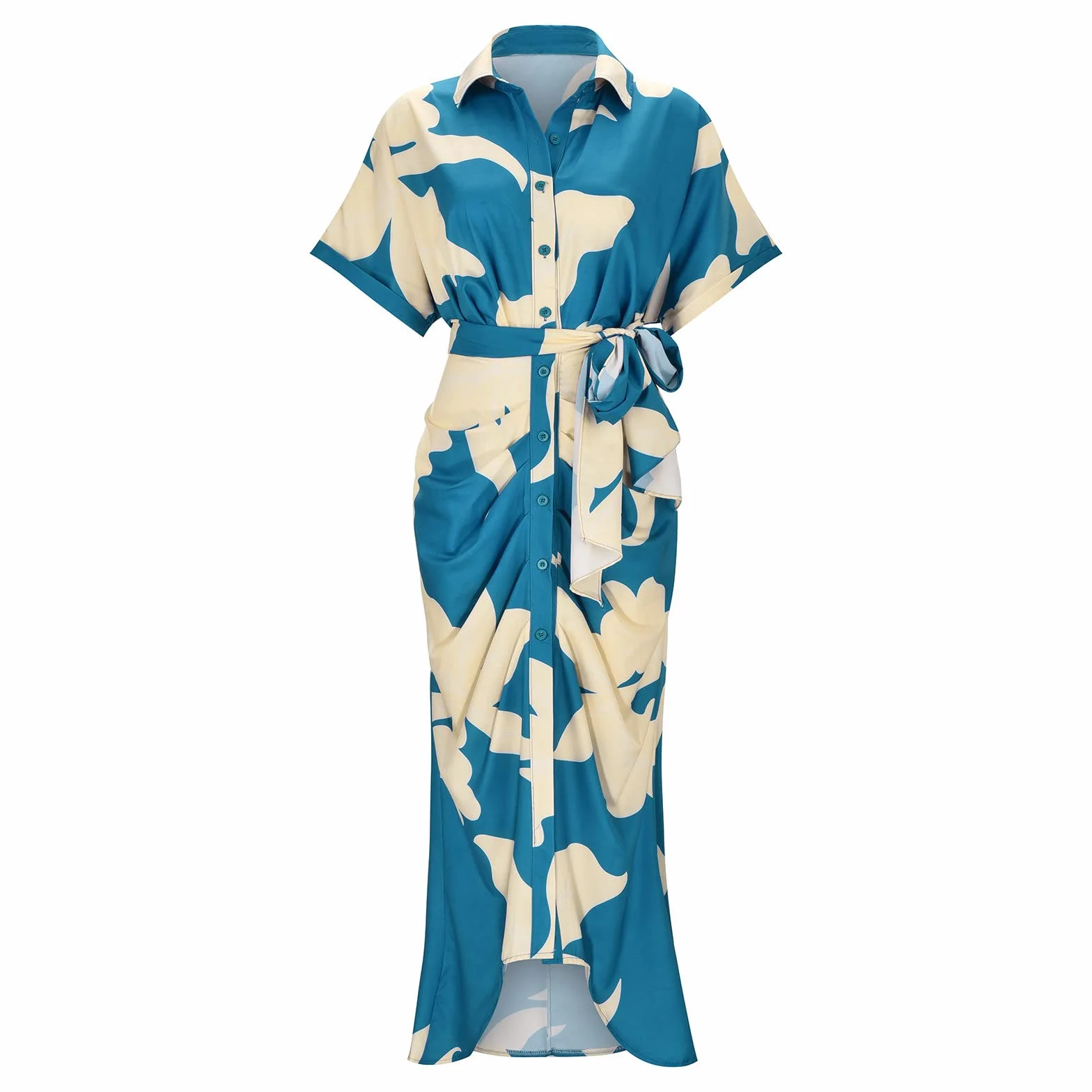 Generisch Robe chemise pour femme avec imprimé floral élégant, taille haute, col montant, manches courtes, grande taille