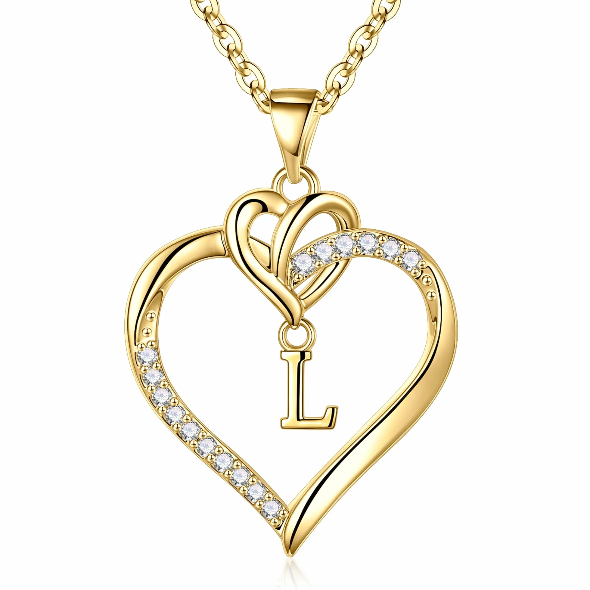 Collier Femme Or Plaqué 14 Carats Or Blanc Initiale Lettre Coeur Pendentif Zircone