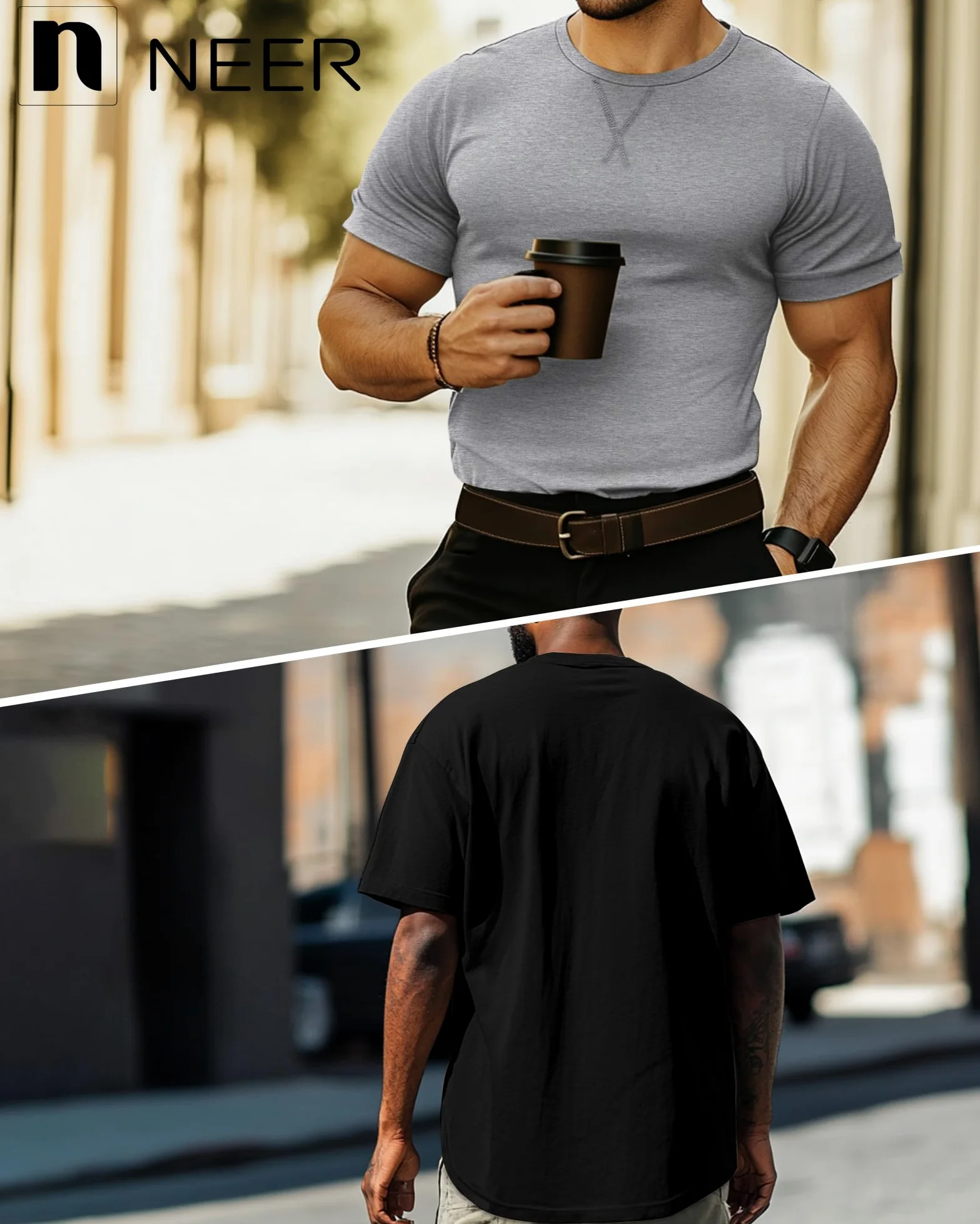 Neer Lot de 3 t-shirts grands et grands en coton à manches courtes et col rond pour homme, grande taille, hauts hipster, longline