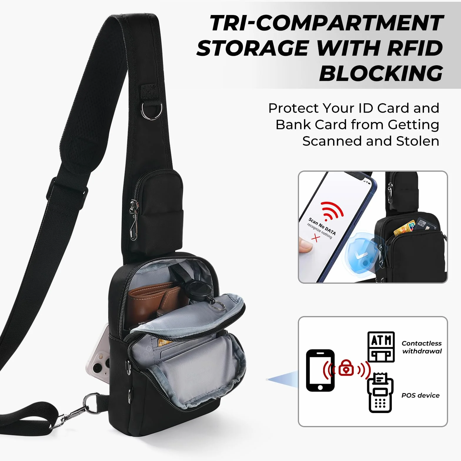 Sac à bandoulière antivol - Sac de poitrine - Pour homme et femme - Étanche - Petit sac à main avec fermeture éclair et blocage RFID