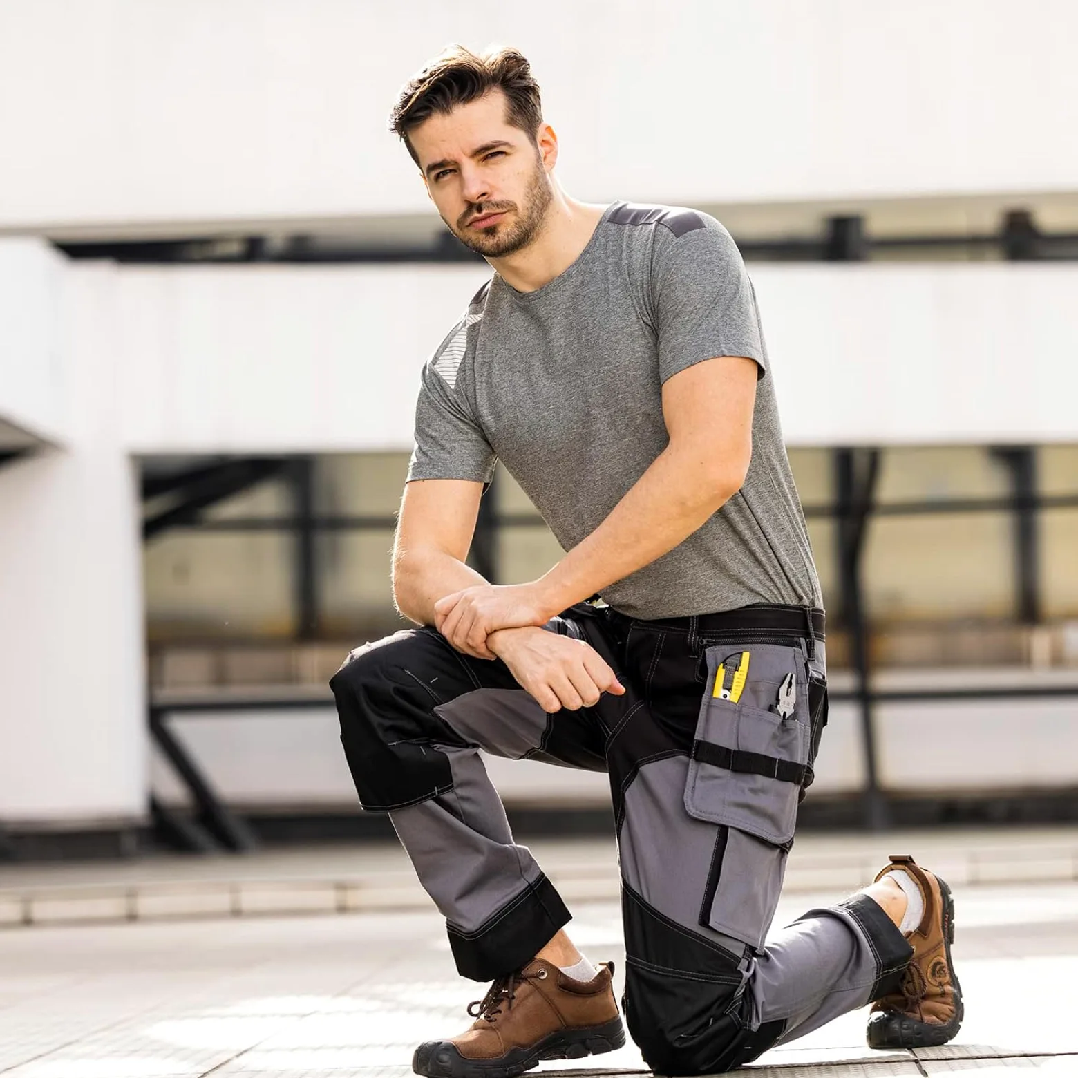 WORK IDEA Pantalon de Travail Homme, Poches Genoux Oxford, Pantalon en Coton Stretch