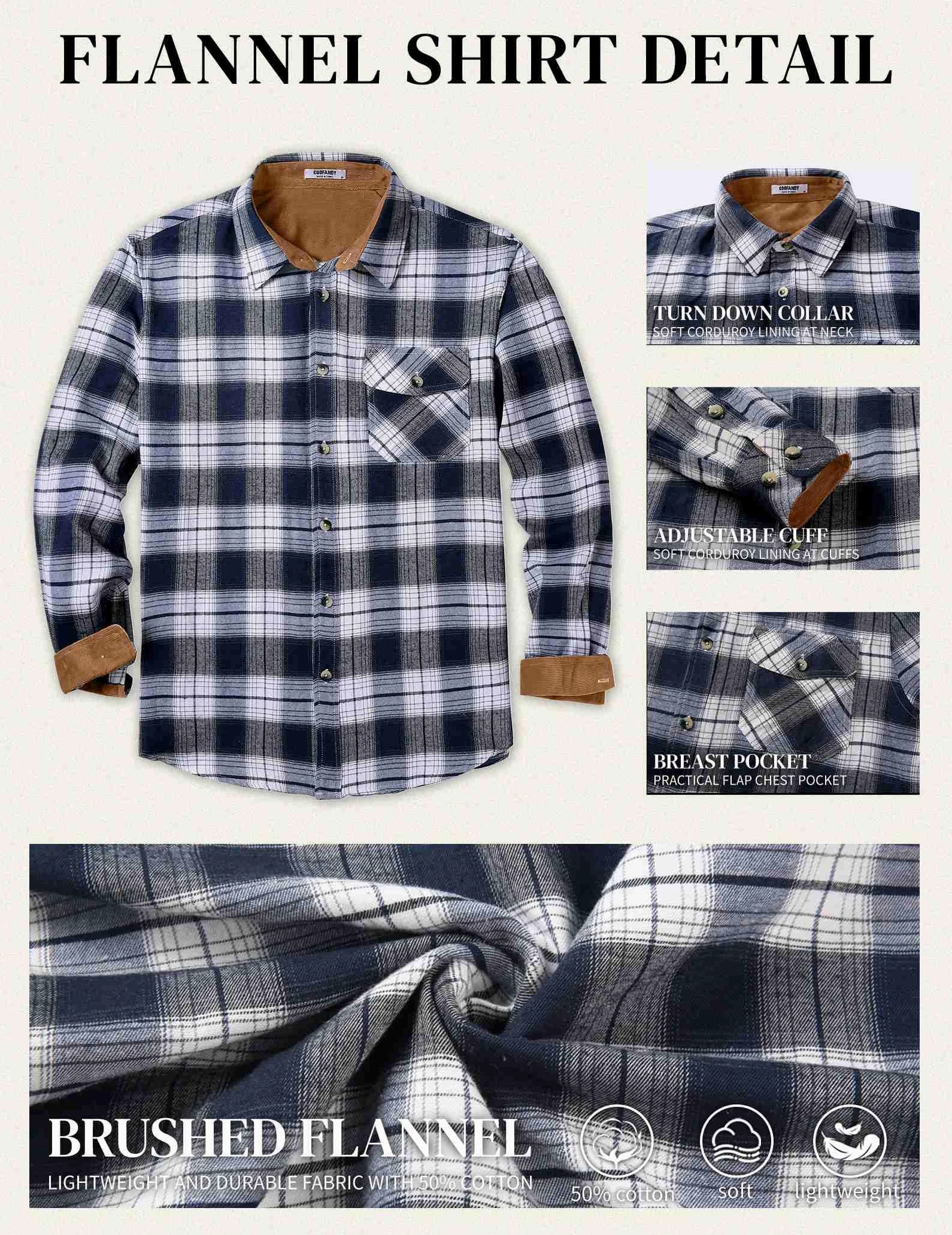 COOFANDY Chemise à carreaux décontractée boutonnée à manches longues en flanelle pour homme avec poche