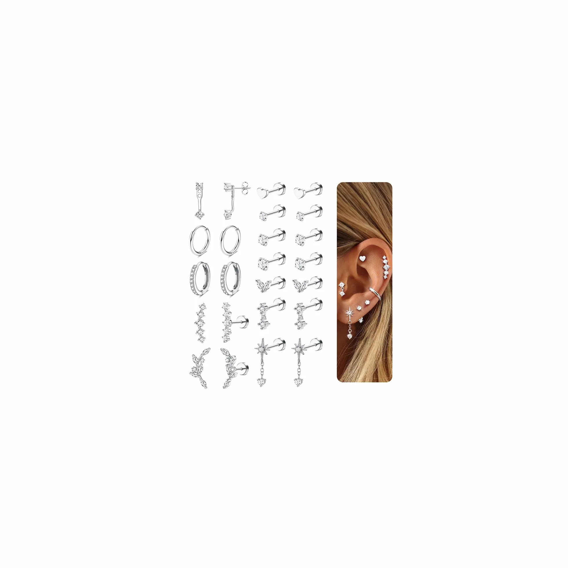 Adramata 12 Pairs Boucles d'Oreilles Femme Or Argent Hypoallergéniques Boucles d'Oreilles Femme Acier Inoxydable Creoles Or Argent Petites Conch Cartilage Tragus Helix Piercing Oreille