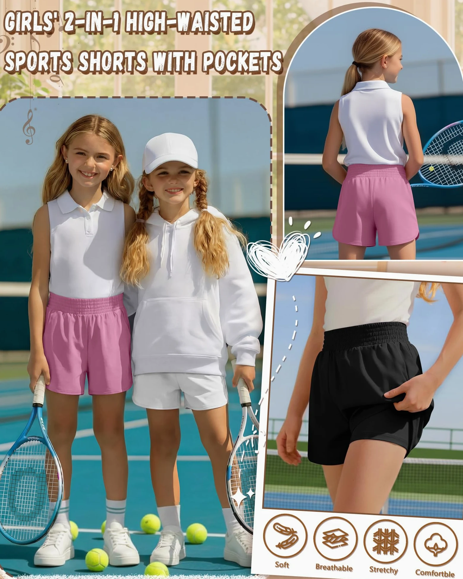Clabby Lot de 3 Shorts de Sport pour Filles avec Doublure, 2 en 1, séchage Rapide, Taille élastique, pour la Course à Pied