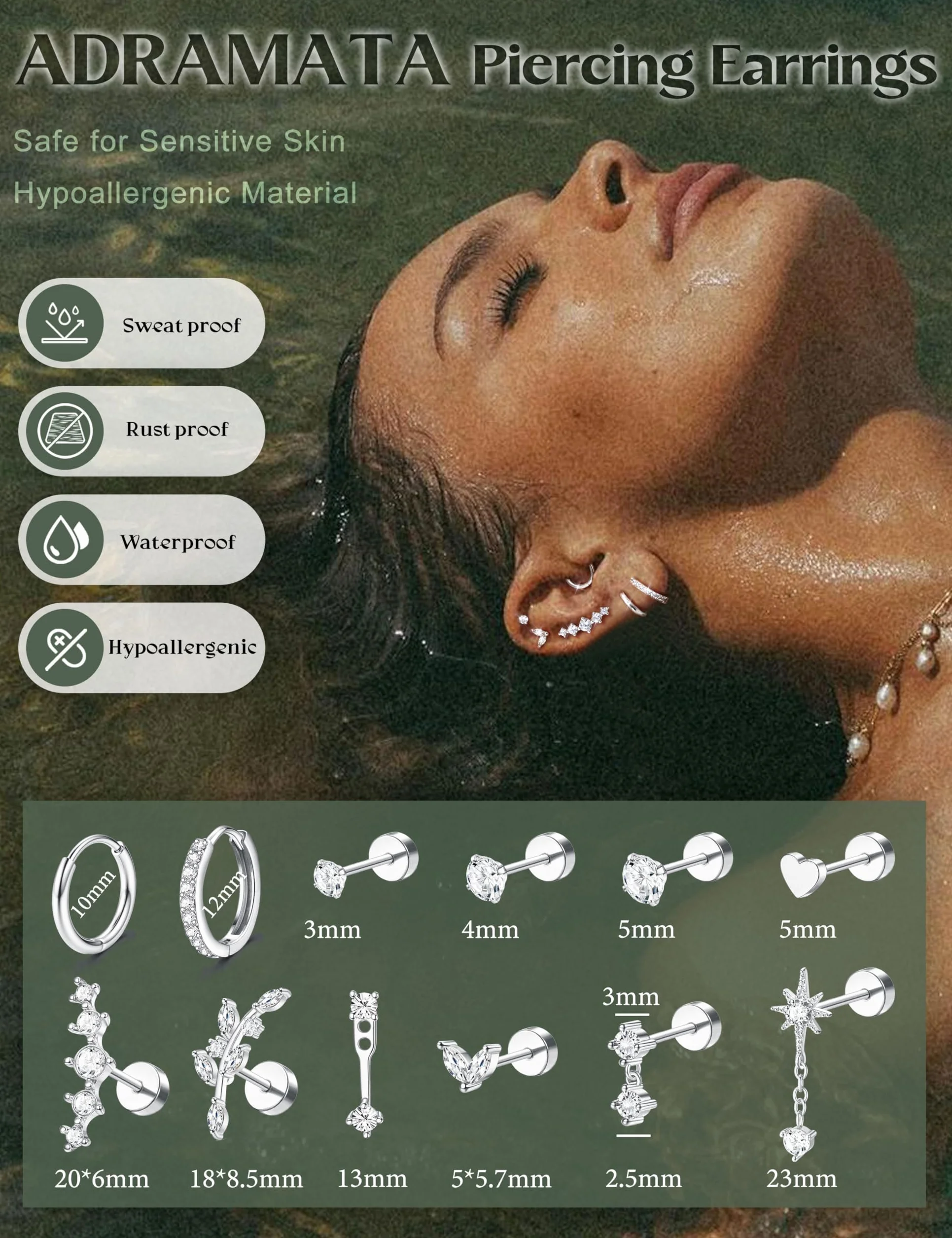 Adramata 12 Pairs Boucles d'Oreilles Femme Or Argent Hypoallergéniques Boucles d'Oreilles Femme Acier Inoxydable Creoles Or Argent Petites Conch Cartilage Tragus Helix Piercing Oreille