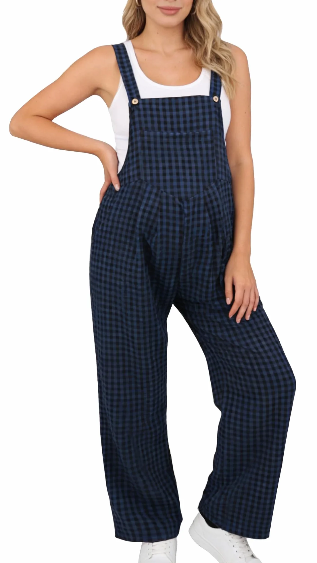 SEAUR Salopette Femme Enceinte Grossesse à Carreaux Sans Manches Combinaison Large avec Poches Pantalon Ample Jumpsuit Décontractée