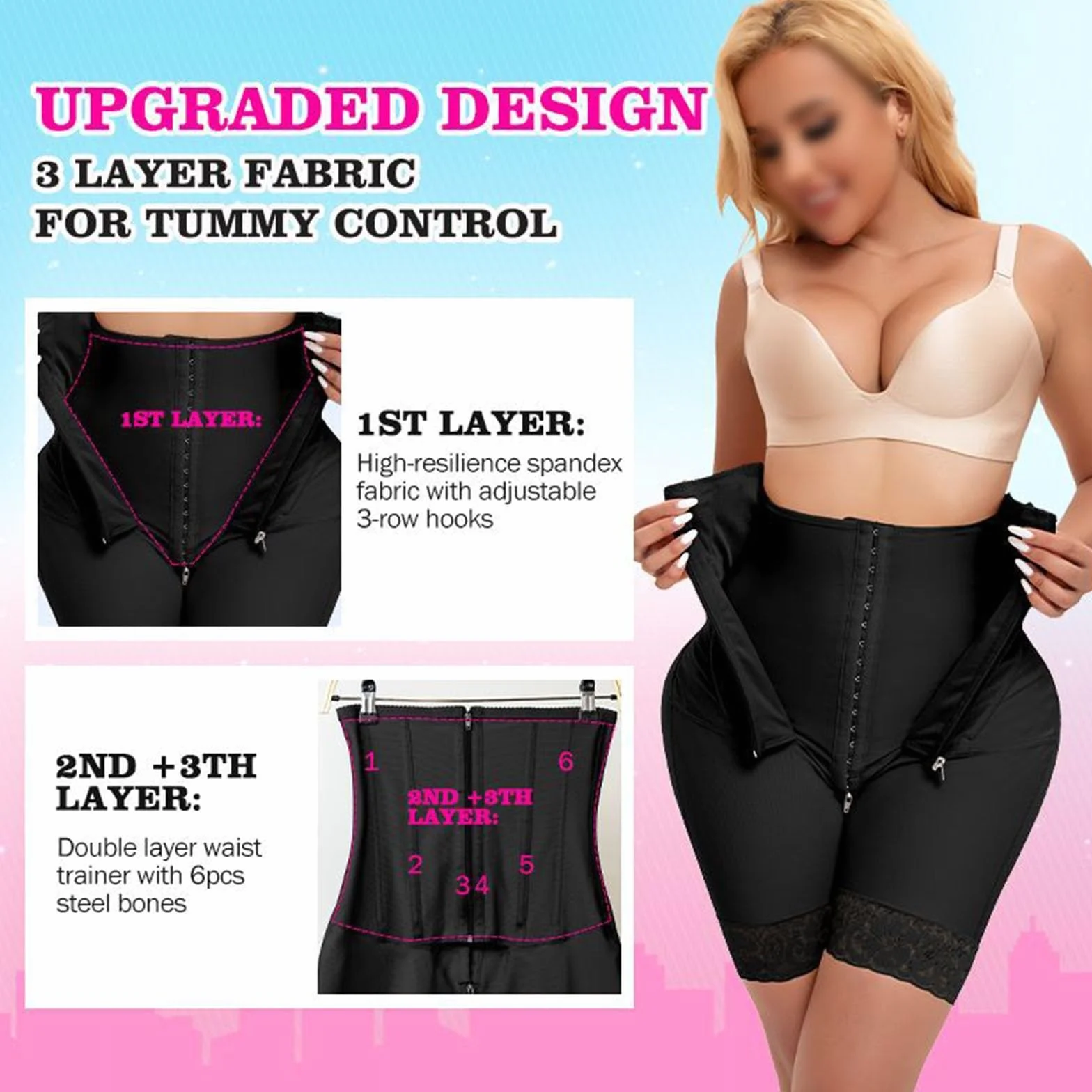 Gaine Amincissante pour Femmes, Niveau 2 Contrôle du Ventre, Rehausseur de Fesses, Amincissement des Cuisses Short de Compression Amincissant les Cuisses