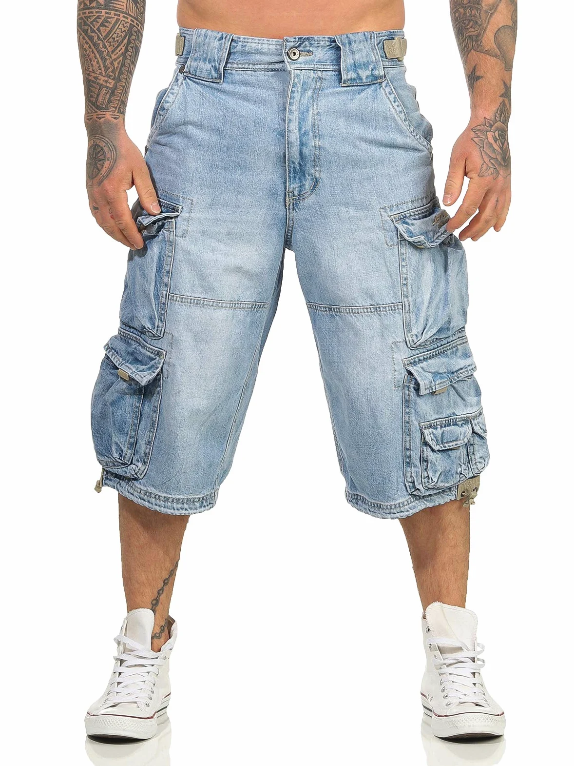 Jet Lag Short cargo en denim pour homme modèle 007 B en bleu marine clair ou en denim Bleached